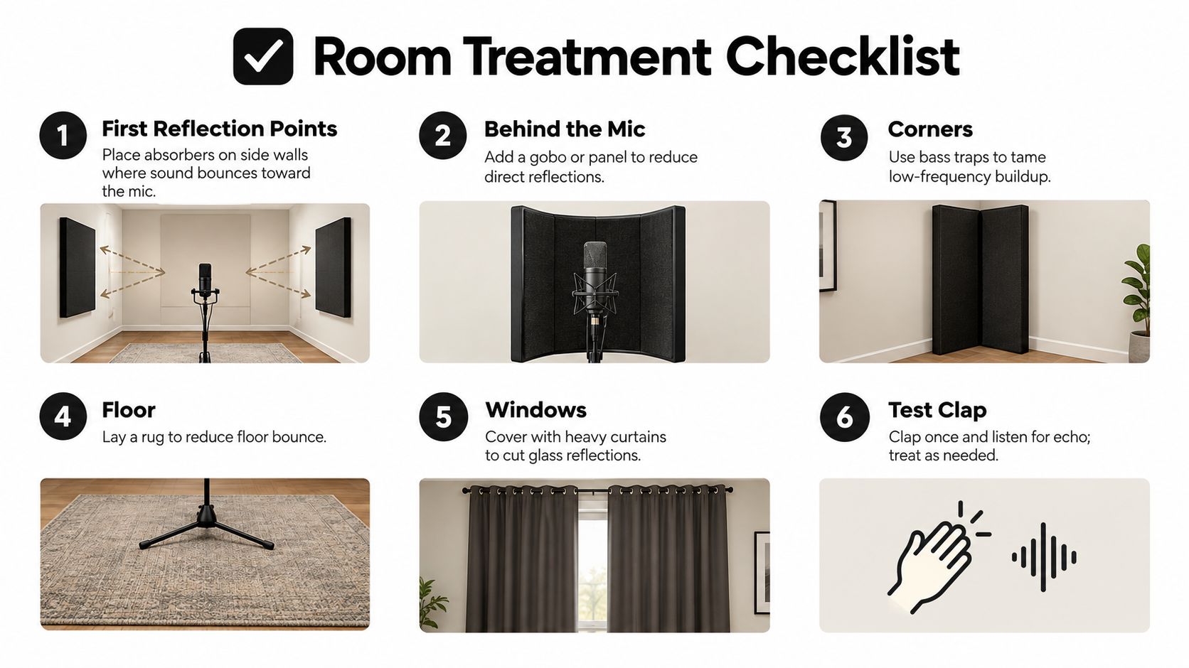A six-step checklist illustrating essential room treatment techniques to improve audio recording quality for a podcast microphone setup.