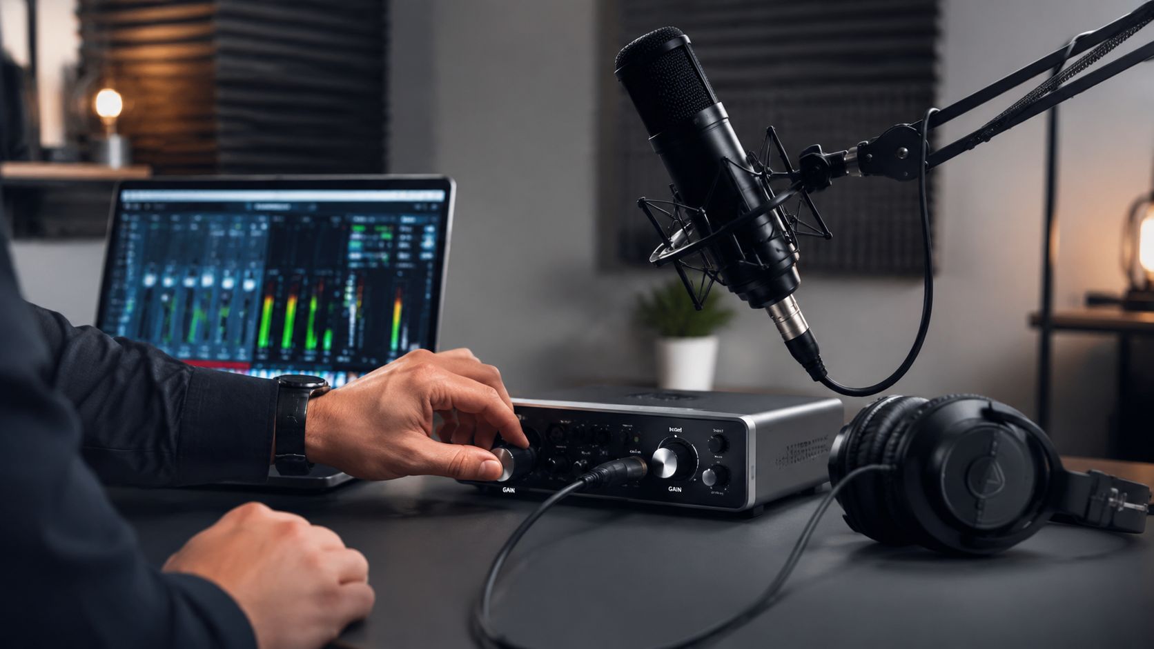 A person adjusting the gain control on a professional audio interface in a home podcast recording studio.