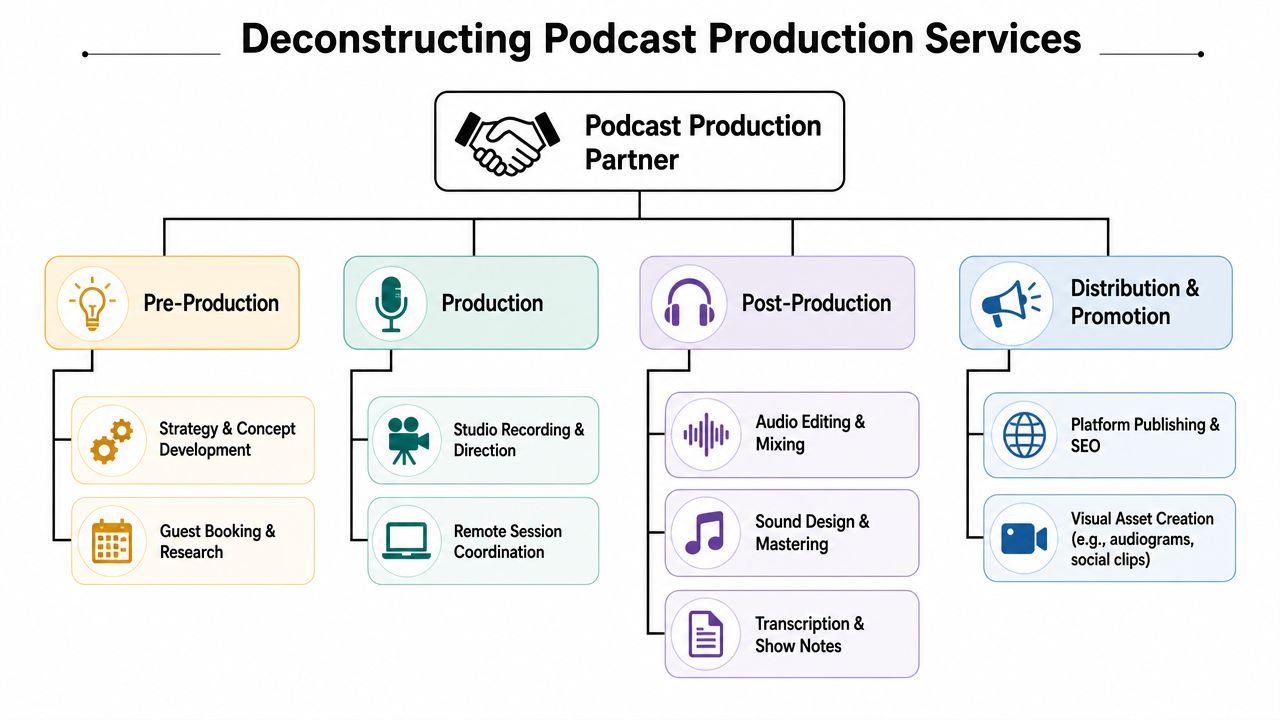 A flowchart titled Deconstructing Podcast Production Services showing pre-production, production, post-production, and distribution steps.