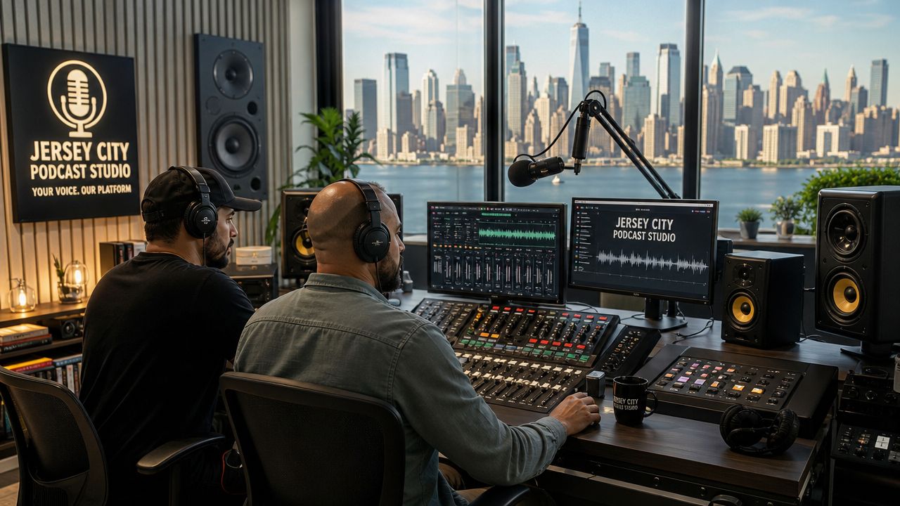 Two audio engineers working in a professional podcast studio overlooking the New York City skyline.