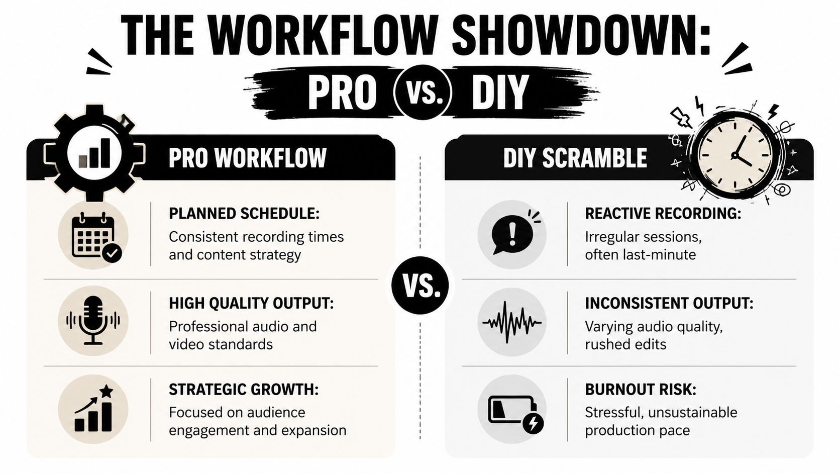 A comparison infographic between professional podcast production workflows and DIY scramble methods for content creators.