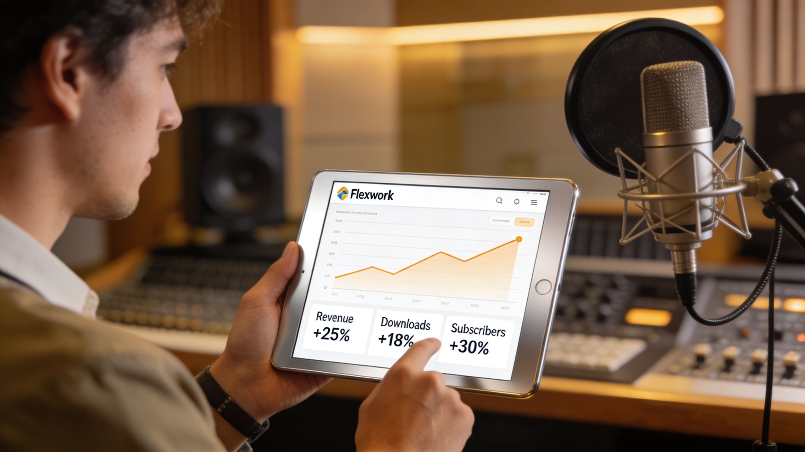 A person holding a tablet showing data analytics charts while working in a professional podcast recording studio.