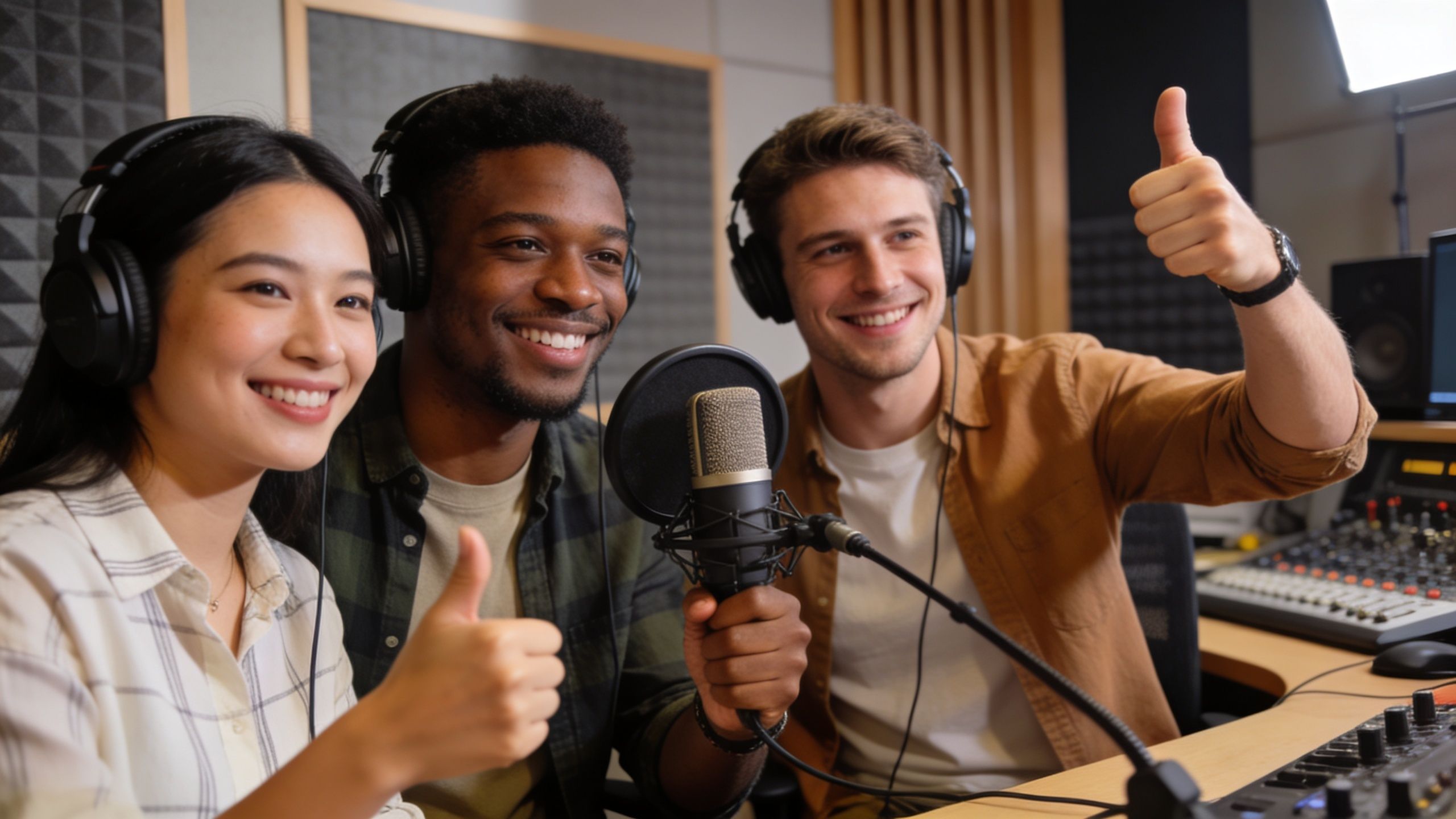 A diverse group of three podcast hosts smiling and giving thumbs up while recording in a studio.