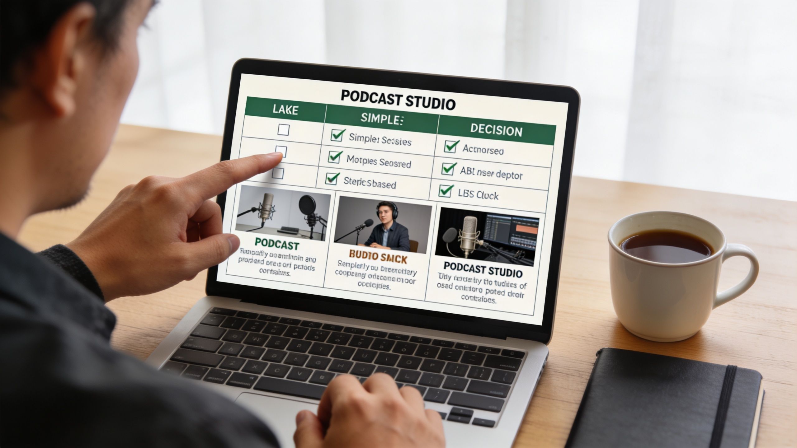 A person using a laptop to compare podcast studio services and recording equipment features on a screen.