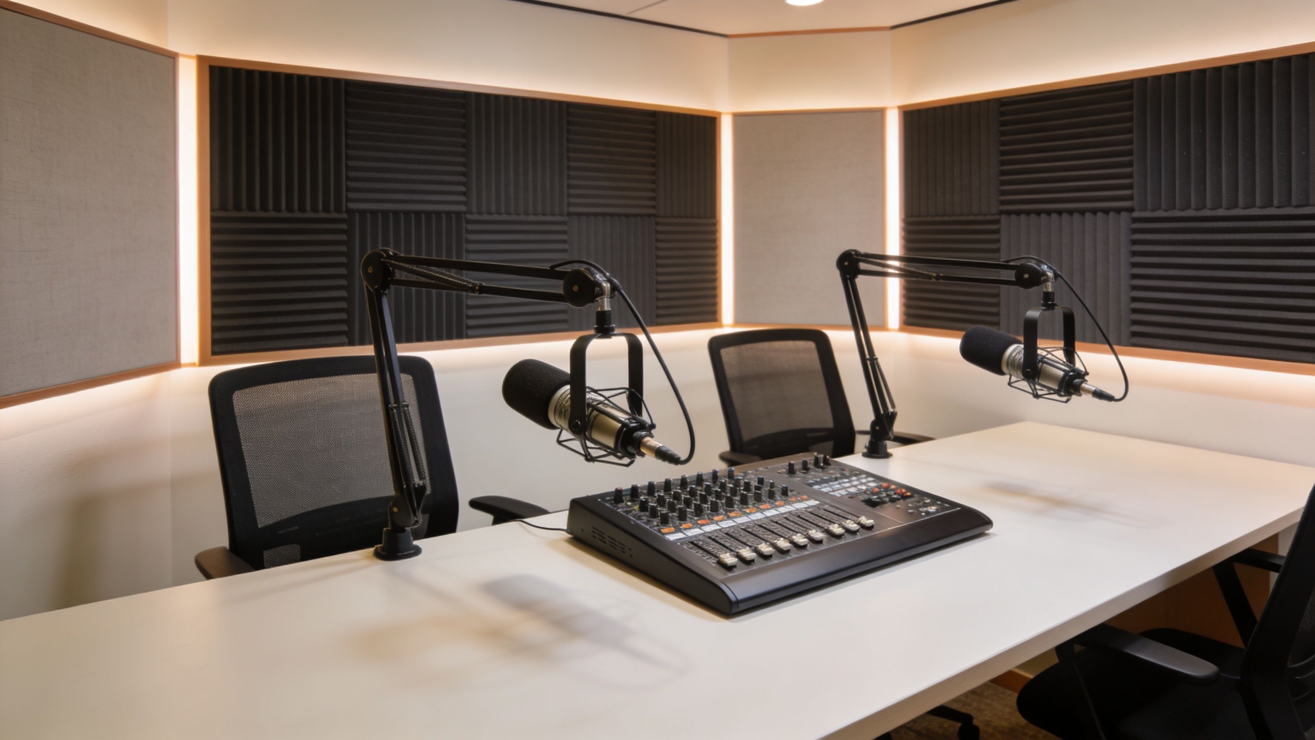 A professional podcast studio setup with two microphones, an audio mixer, and chairs on a white table.