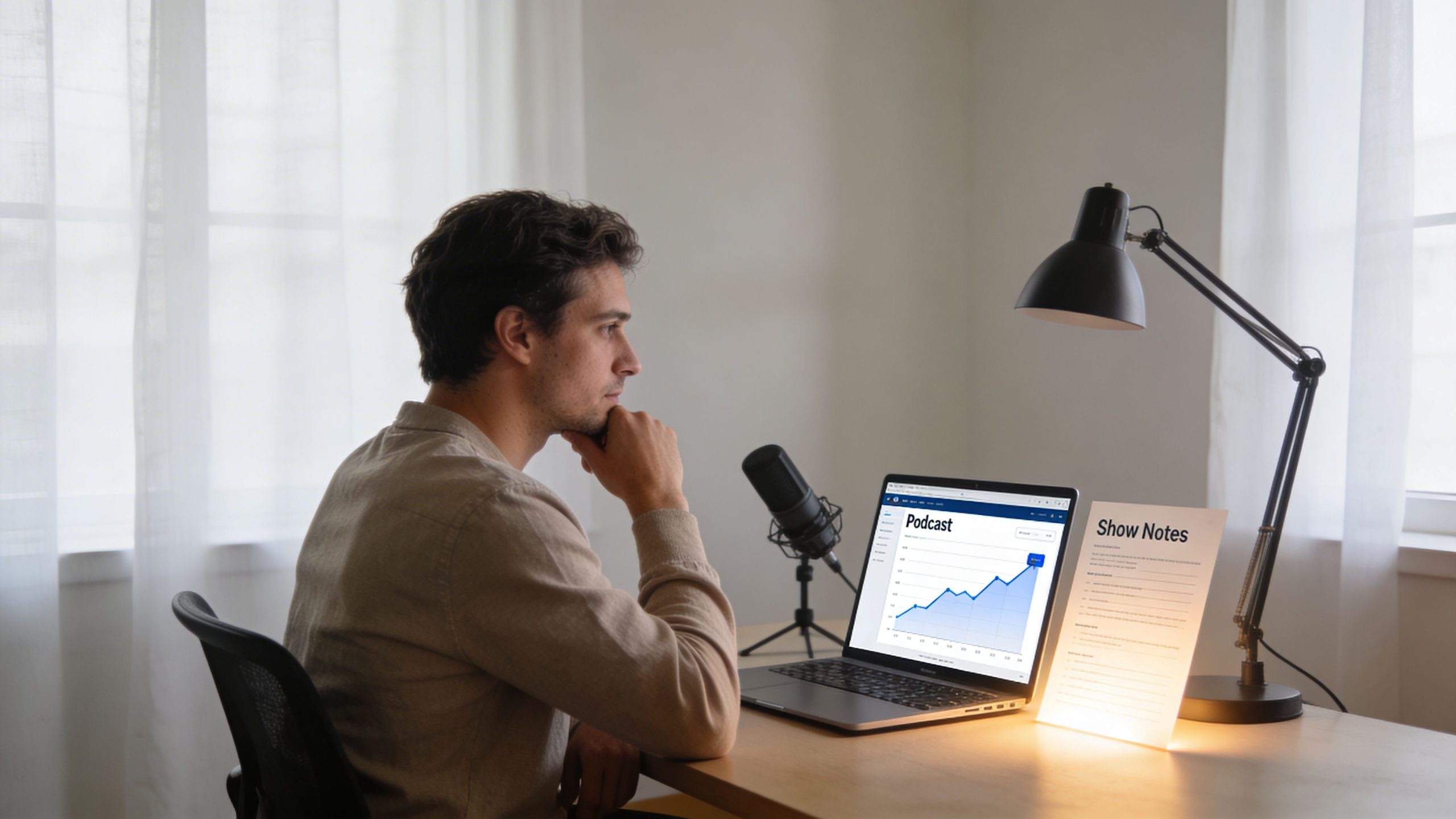 A man sits at a desk looking at a laptop displaying a growing podcast analytics chart.