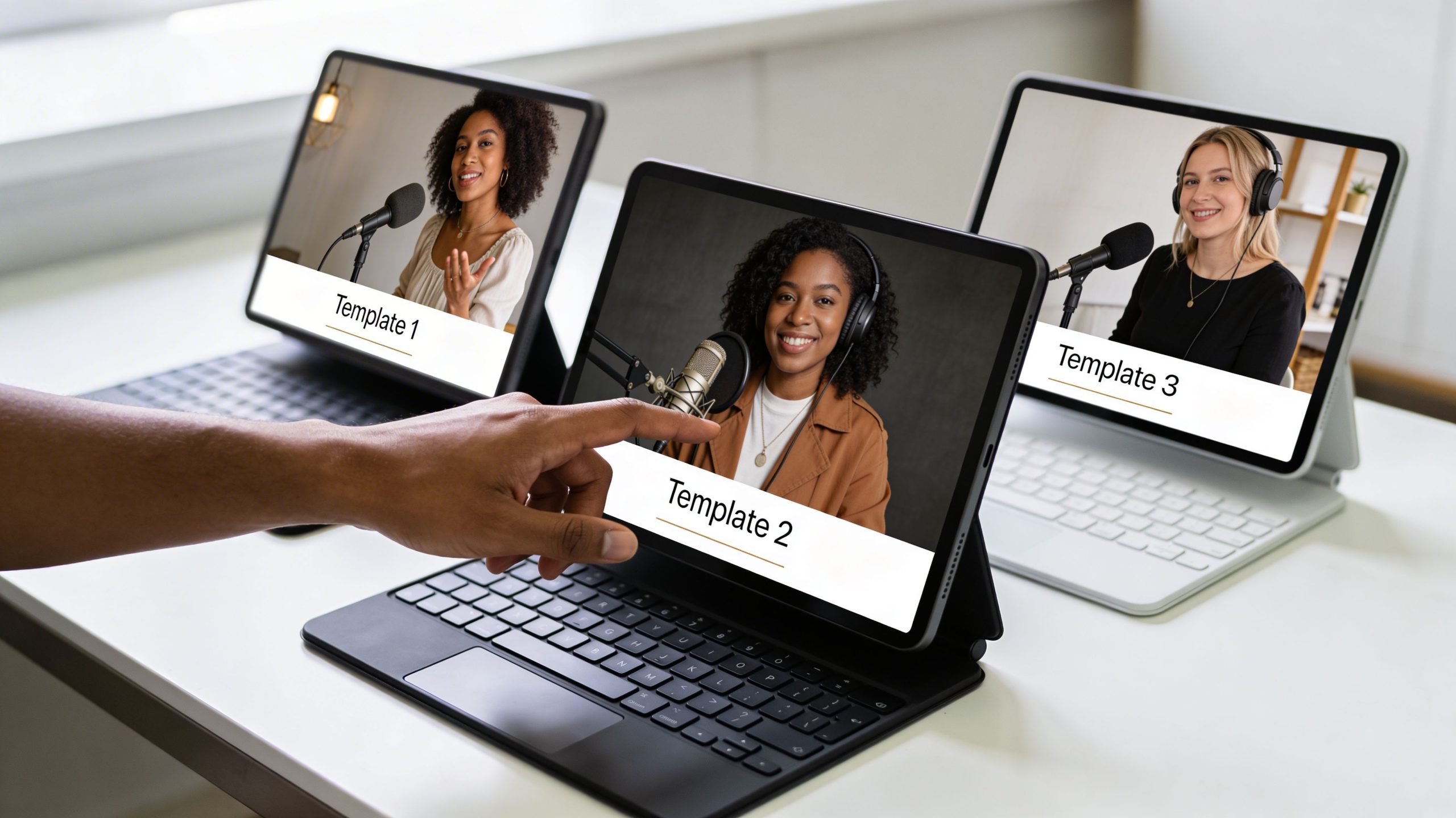 A hand selecting a podcast show notes template on a tablet screen among three different device options.