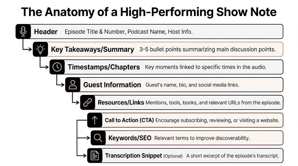 A structured flowchart showing the essential components for creating high-performing podcast show notes for listeners.