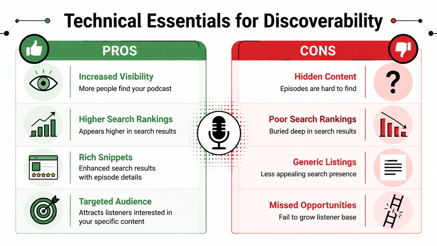 A comparison chart showing the pros and cons of technical essentials for podcast discoverability in search engines.
