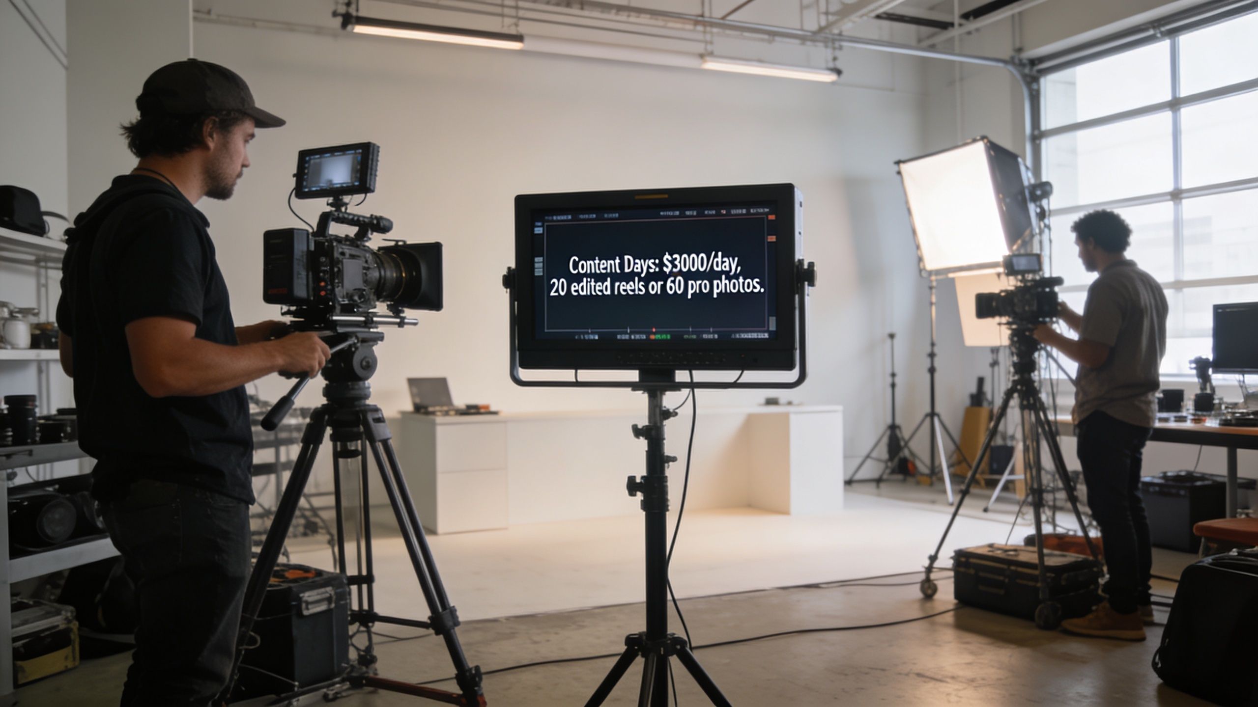 A professional video production studio with camera operators filming content for a business day session.