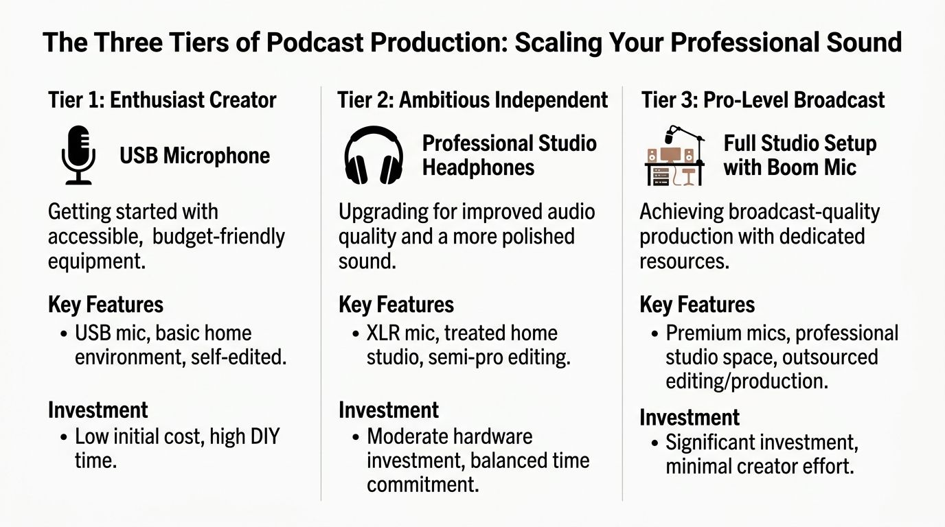 A chart illustrating three tiers of podcast production, ranging from entry-level home recording to professional studio broadcasting.