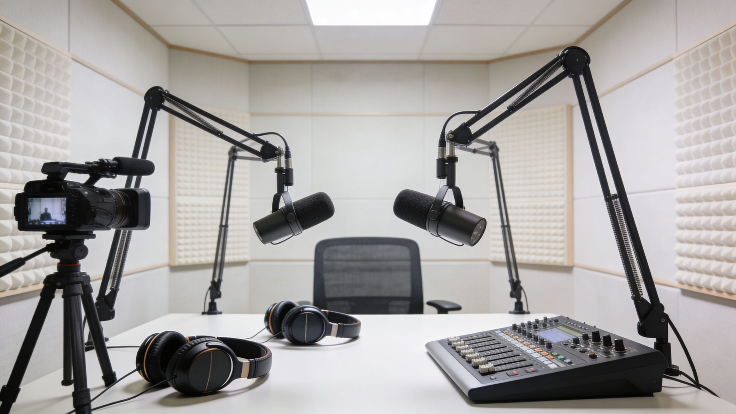 A professional podcast studio setup featuring two microphones, headphones, a mixing console, and a video camera.