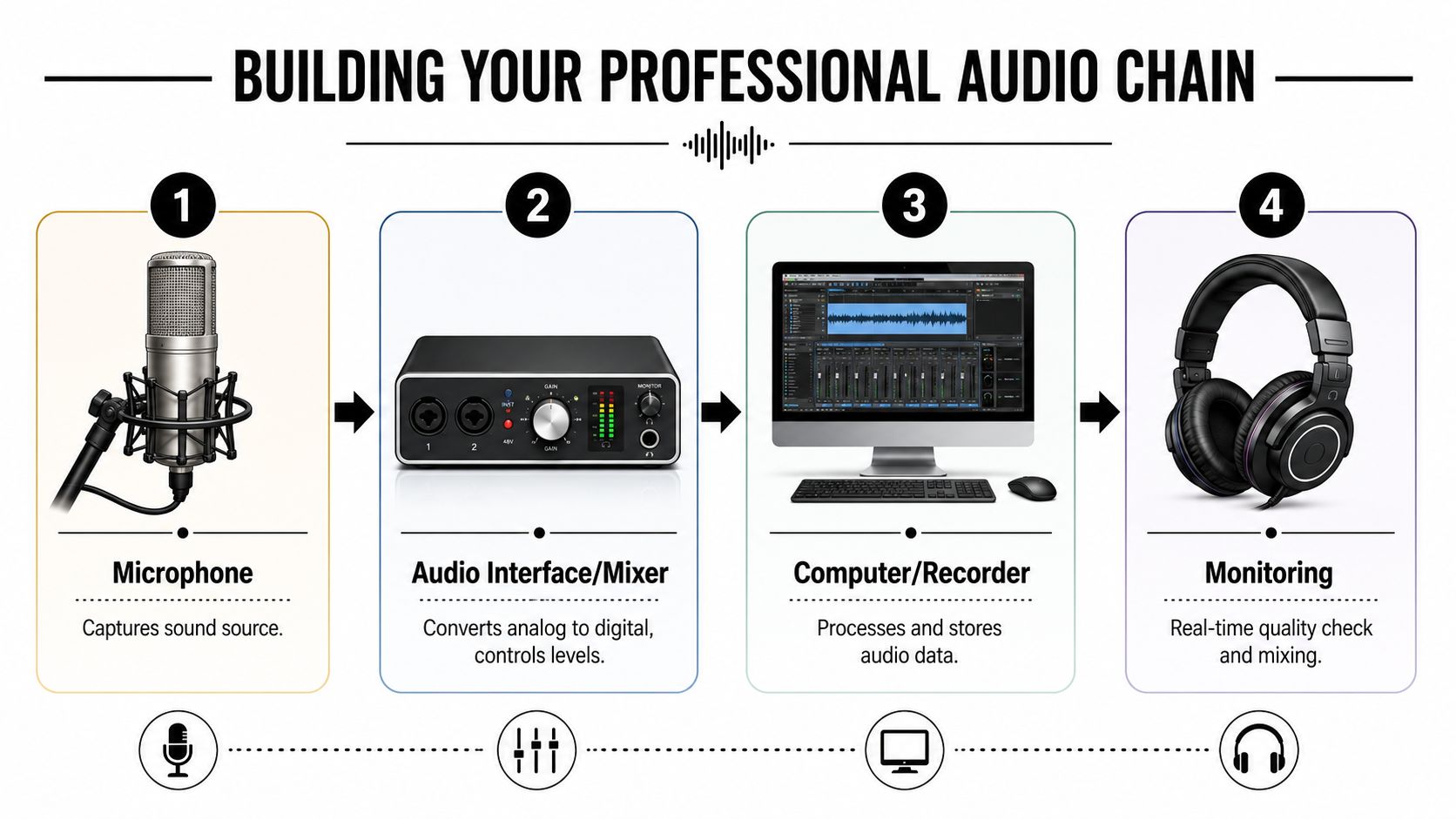 A four-step diagram illustrating the professional audio chain from microphone to audio interface, computer, and monitoring headphones.