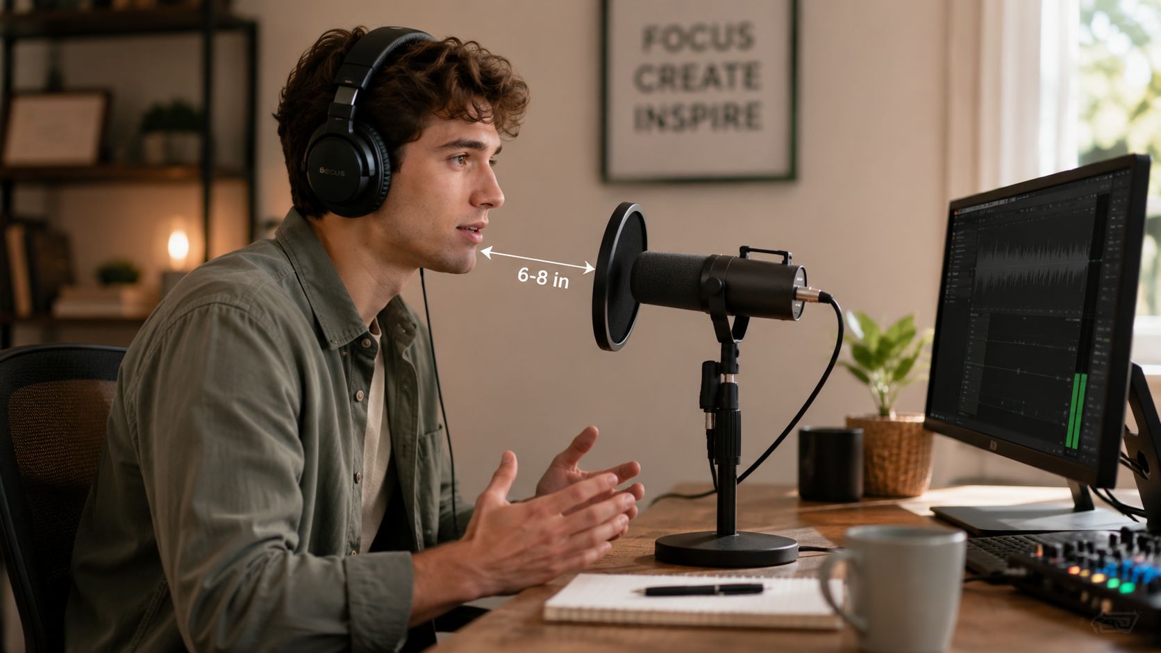 A young man recording a podcast using a professional microphone and headphones in a home studio.