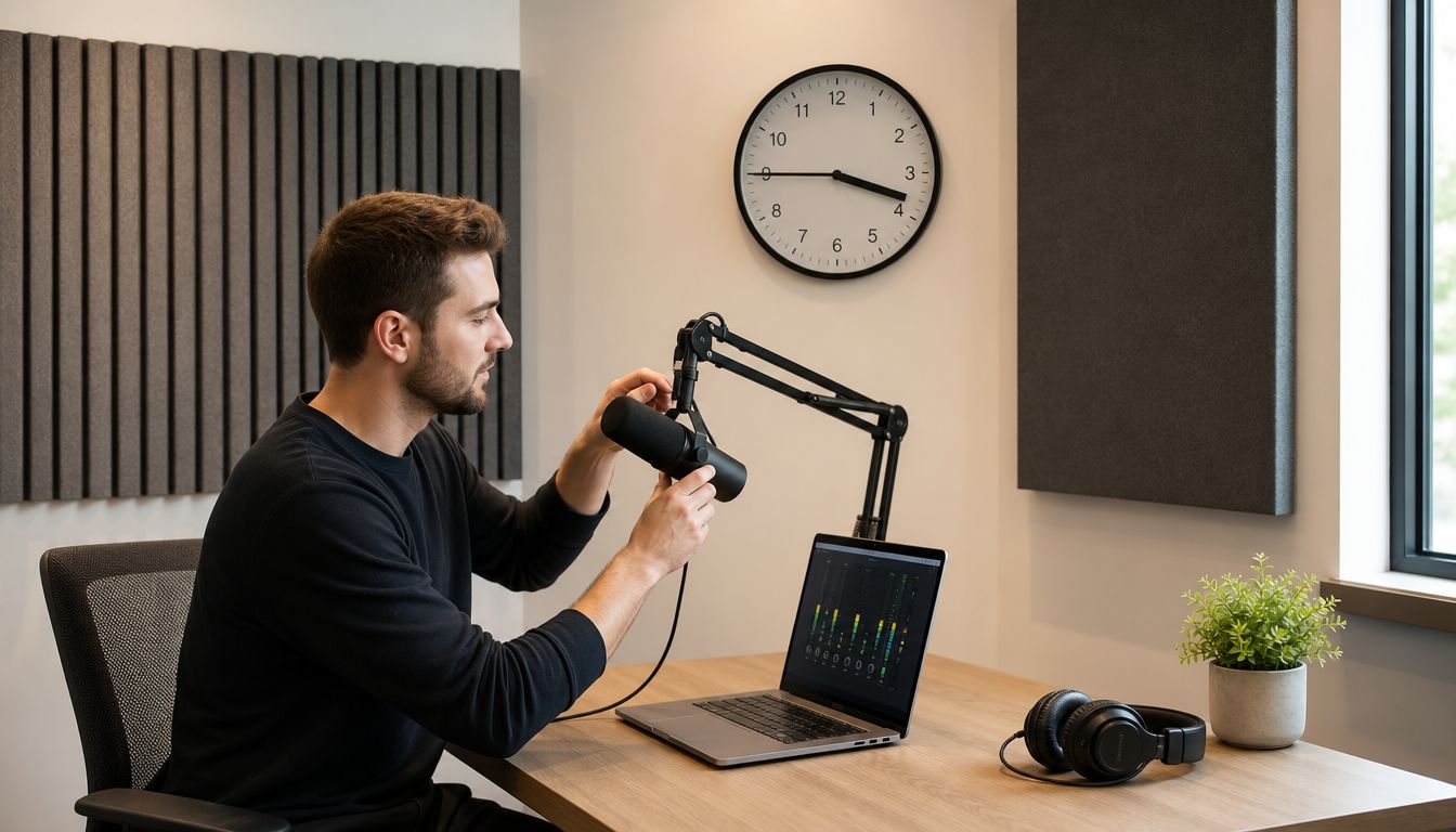 A man adjusts a microphone on a boom arm while working at his desk in a home studio.