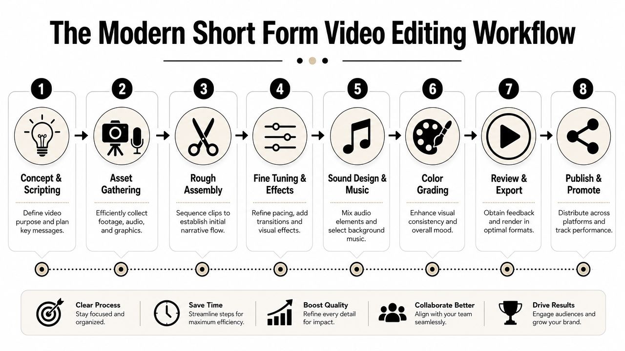 A professional 8-step workflow diagram outlining the essential stages of modern short-form video editing and production.