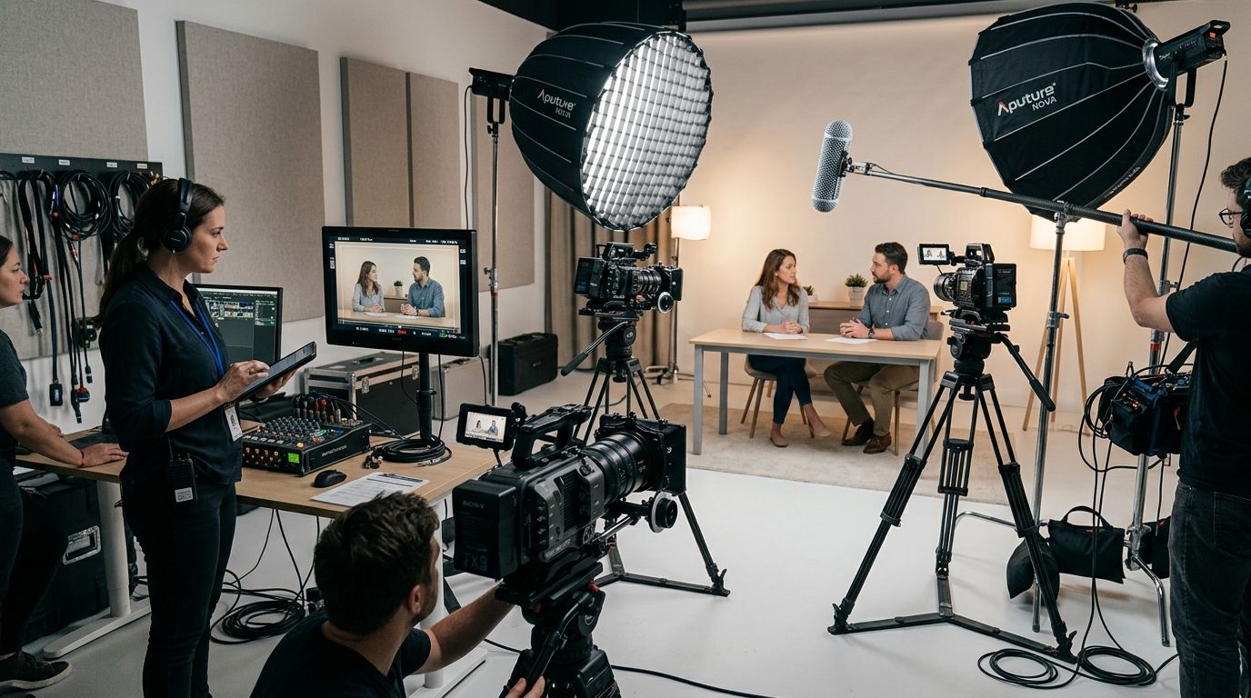 A professional film crew recording an interview with two people seated at a table in a studio.