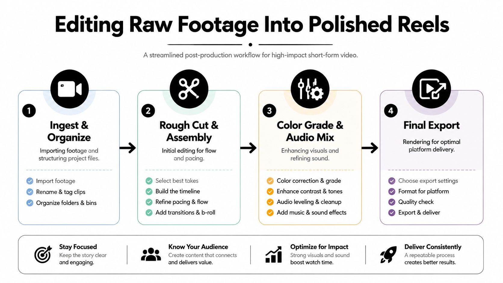 A four-step infographic illustrating a streamlined post-production workflow for editing raw footage into polished short-form reels.
