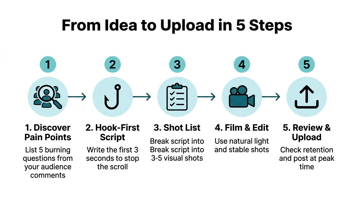 A five-step infographic showing the process of creating a short video for YouTube, from idea to upload.
