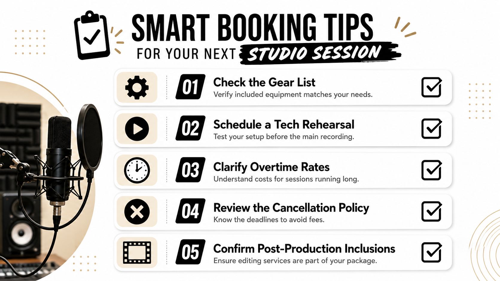 An infographic titled Smart Booking Tips for your next studio session featuring five numbered professional recording recommendations.