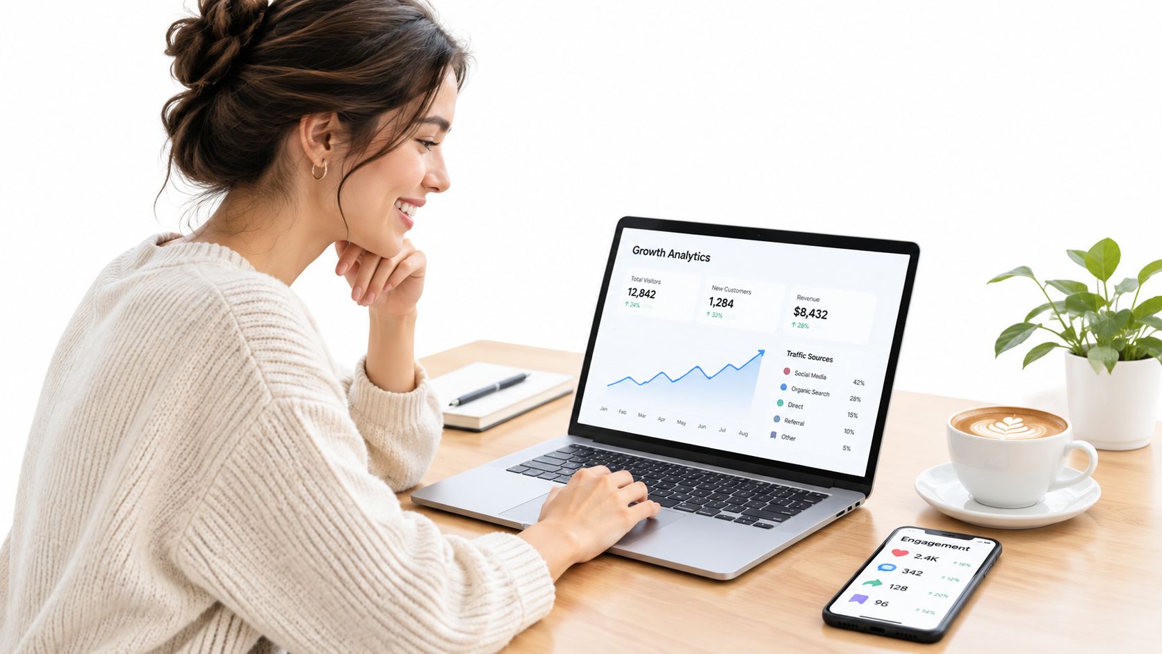 A woman smiling while looking at growth analytics dashboard data on a laptop in a workspace.