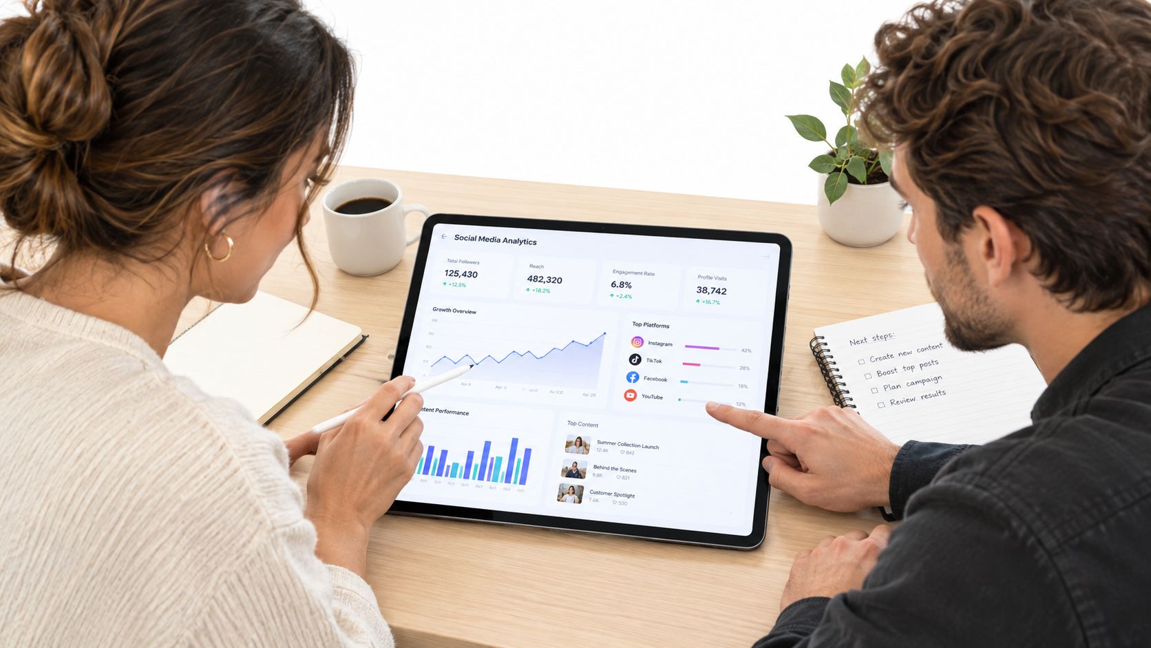 A woman and man collaborating on a social media marketing strategy using a tablet on a desk.