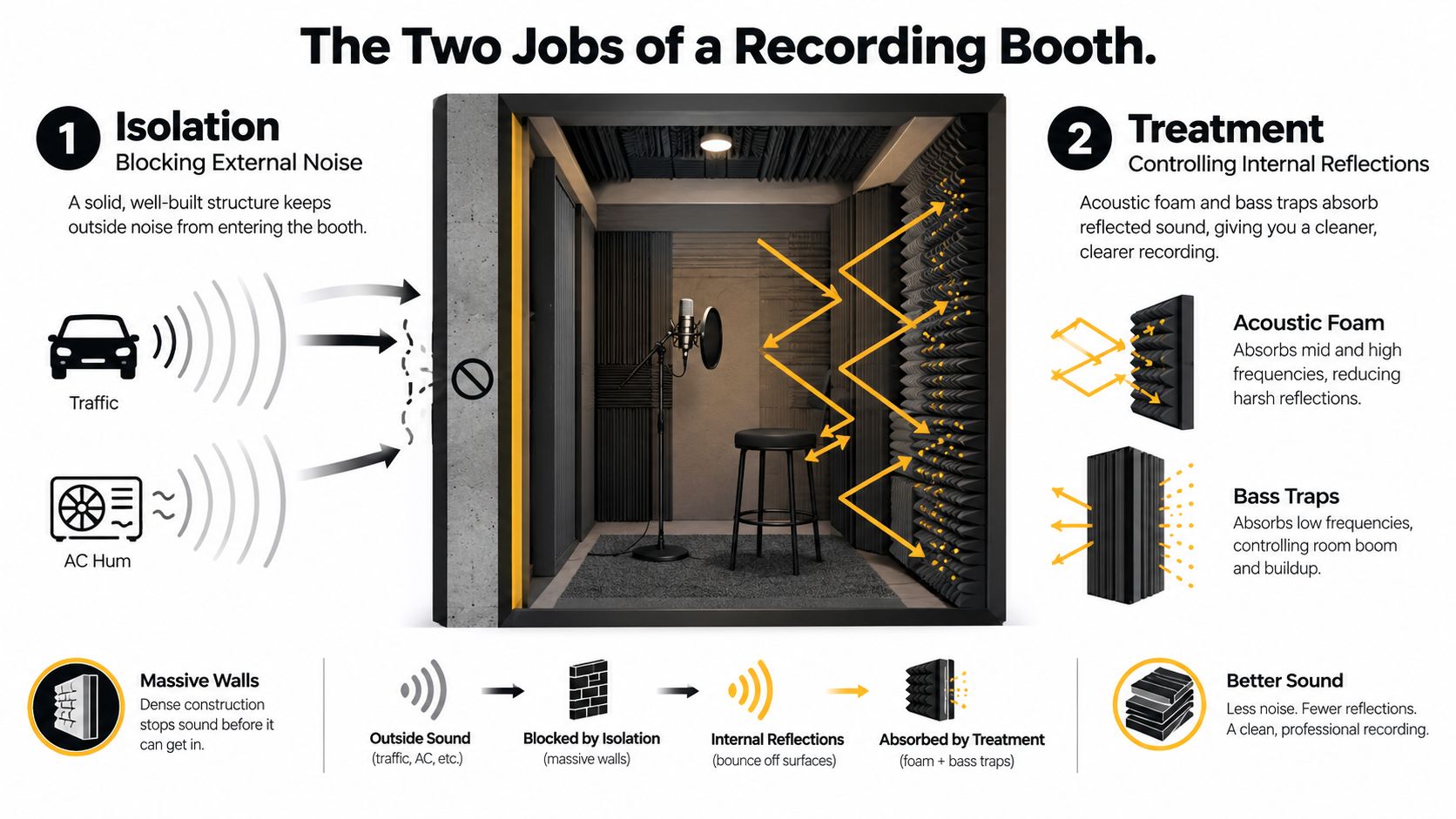 A diagram explaining how recording booths use sound isolation and acoustic treatment to create professional audio quality.