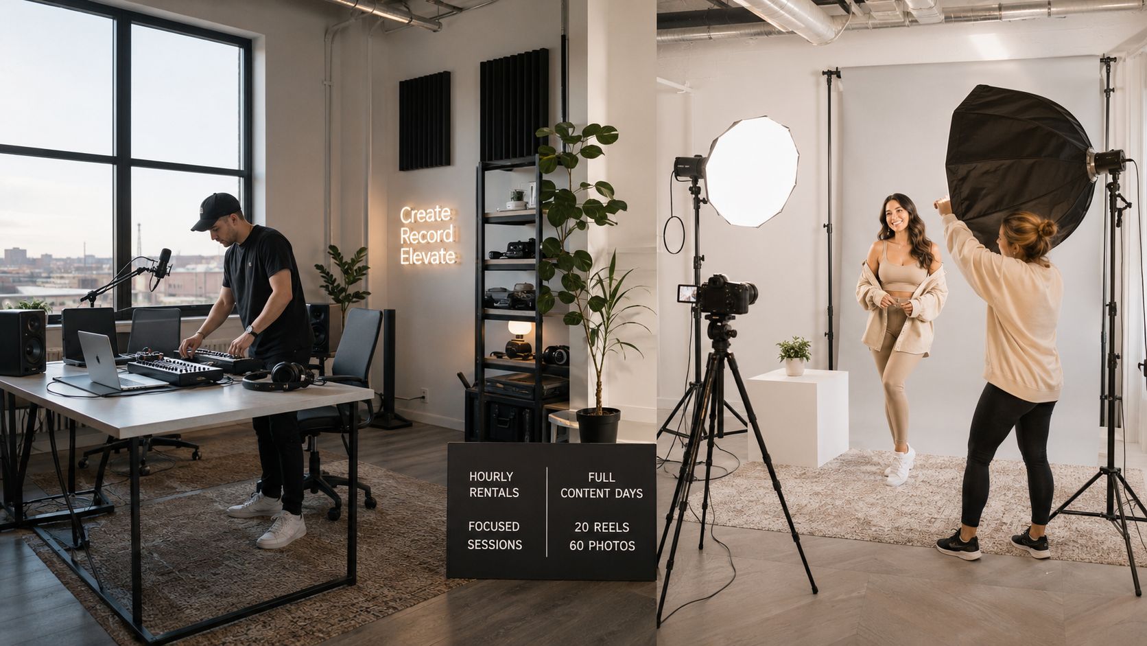 A dual-purpose creative studio space featuring a podcasting area and a professional photography set for content creators.