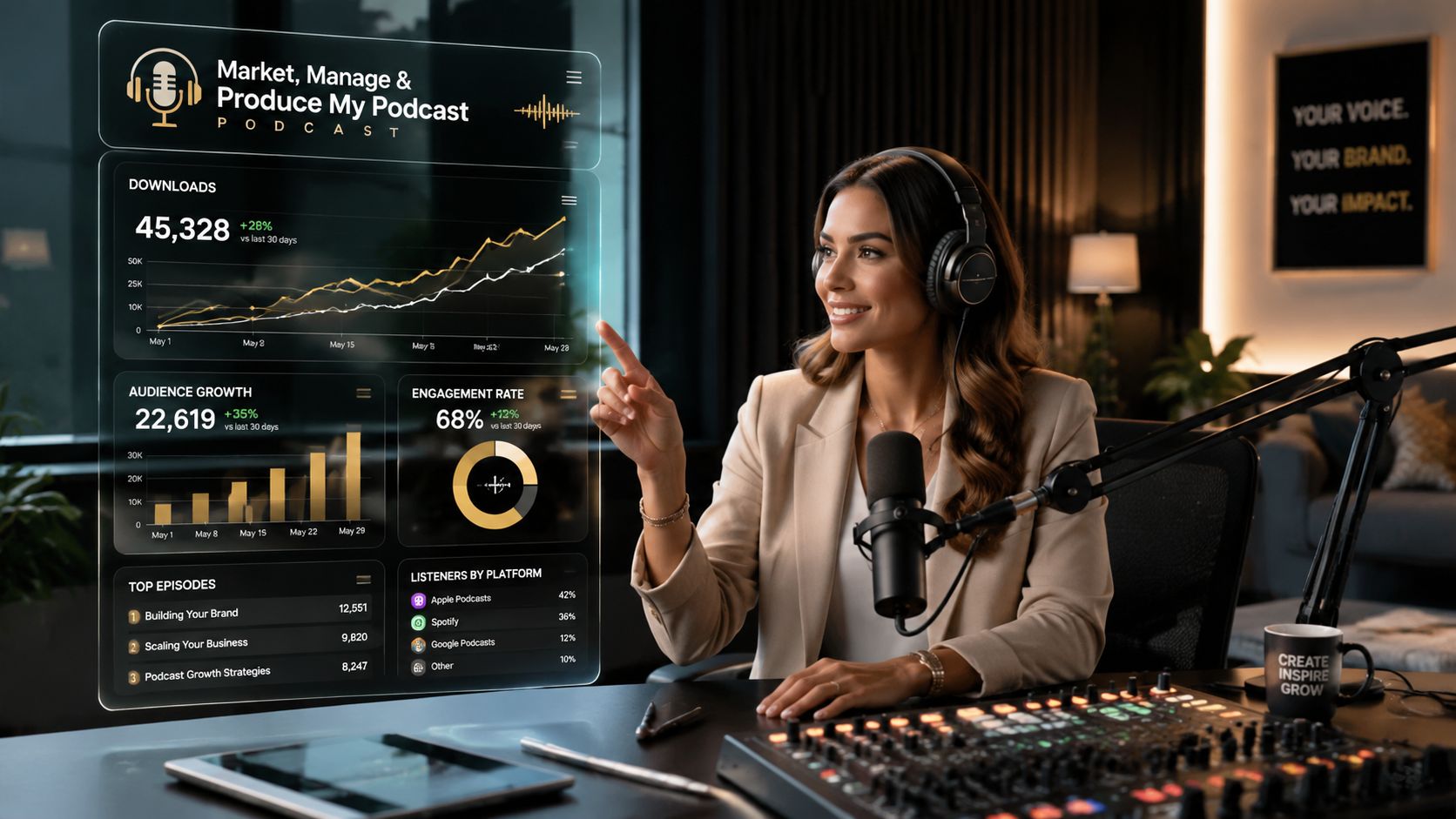A professional woman in a studio using a digital interface to manage her podcast analytics and growth.