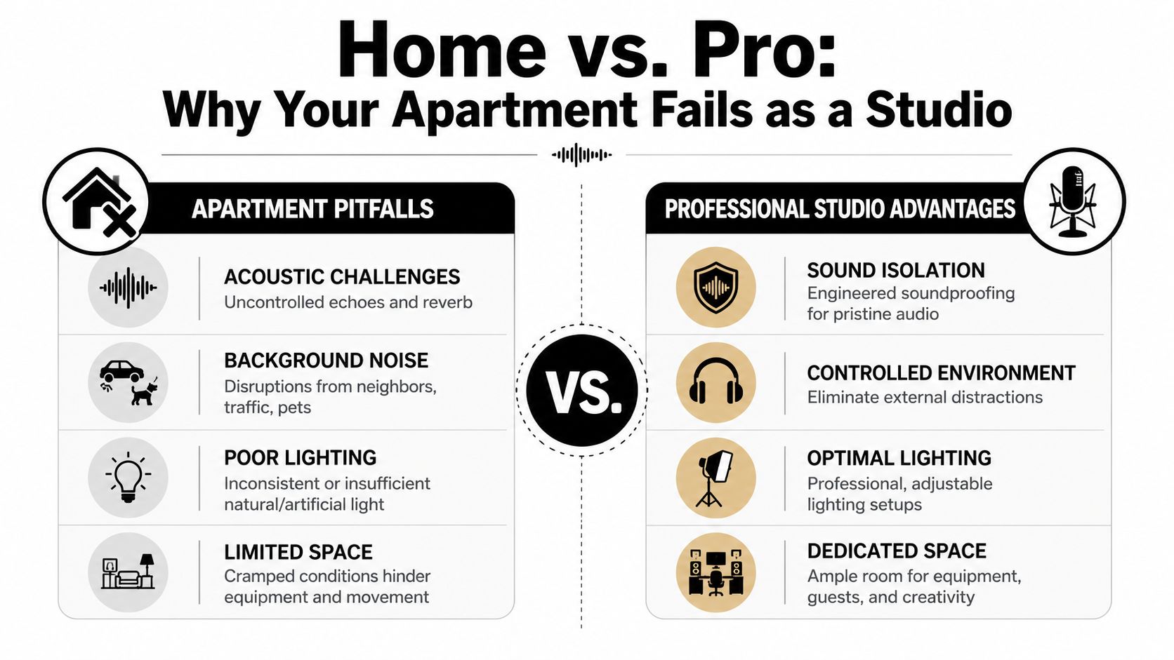 A comparative infographic outlining the challenges of home recording versus the advantages of a professional studio space.