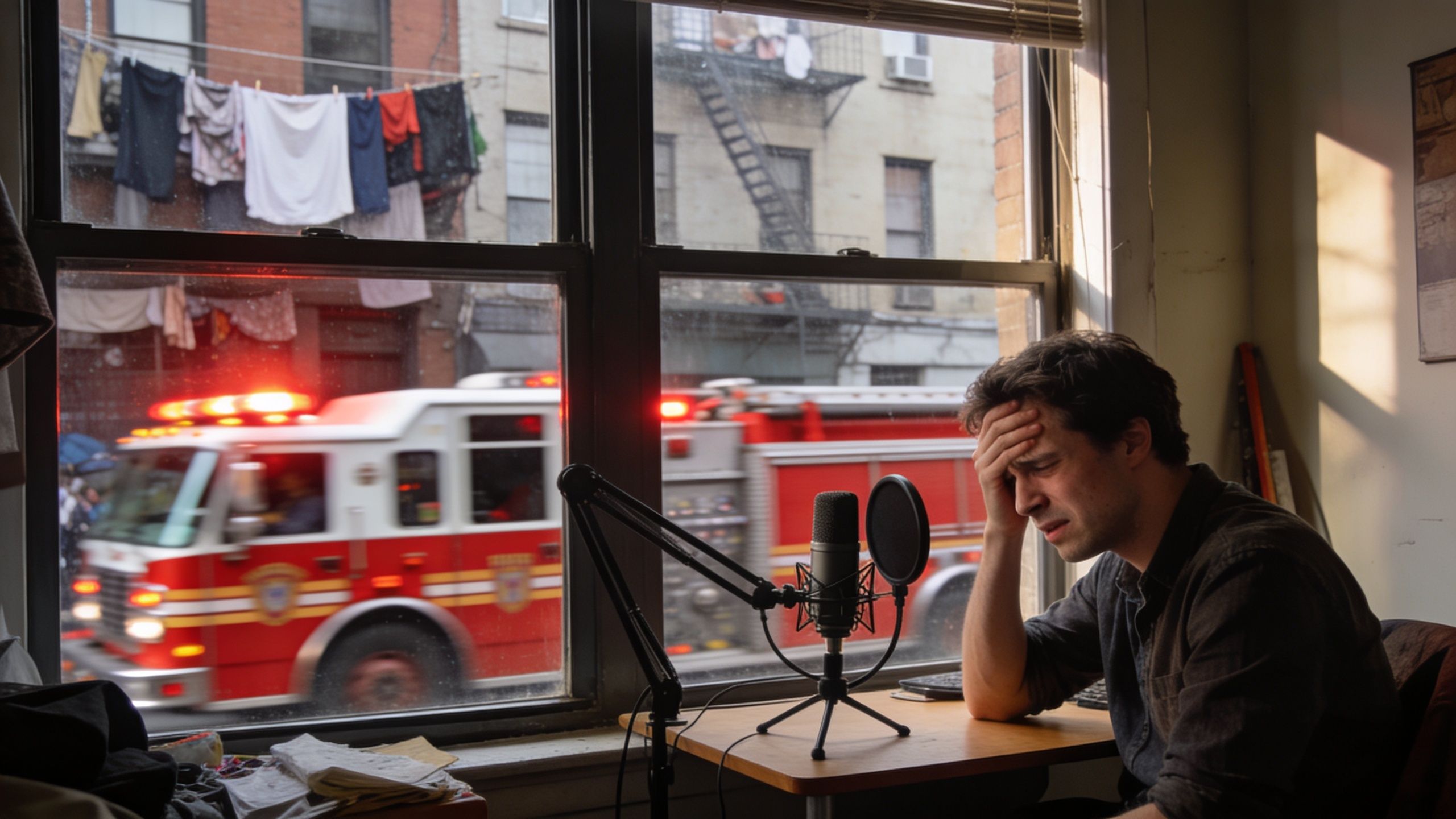 A man looking frustrated at a microphone during a recording session in a noisy apartment studio space.