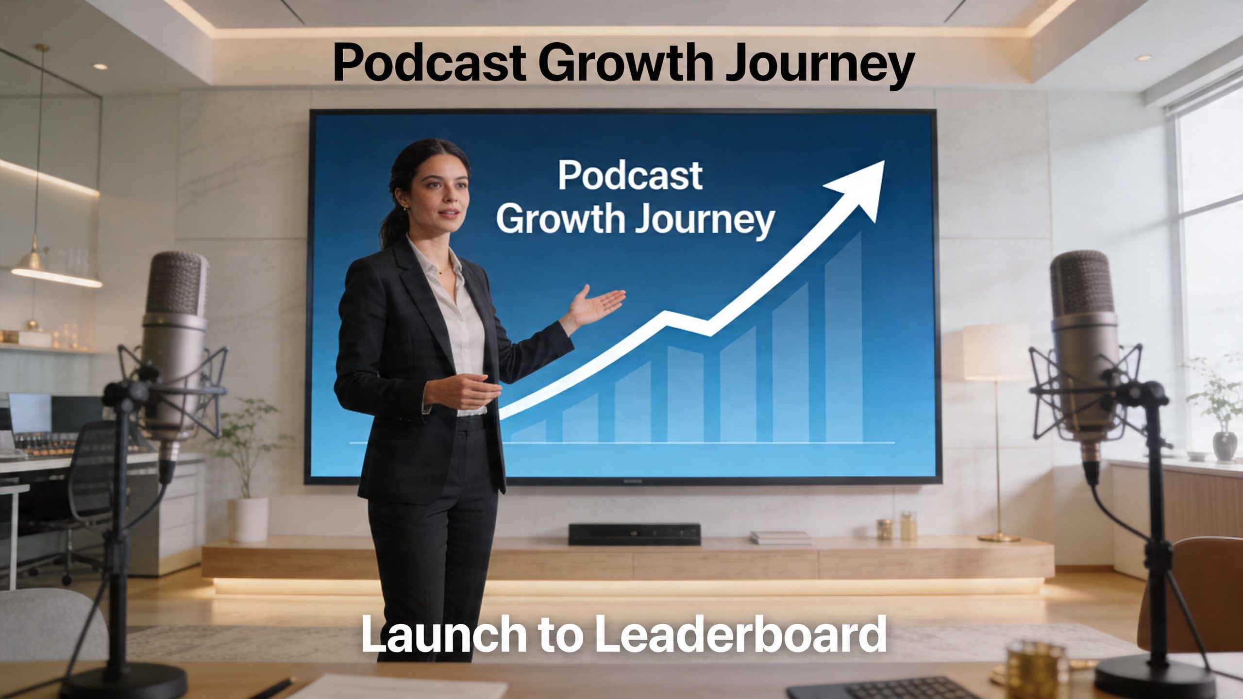 A professional woman presenting a podcast growth chart on a large digital screen in a studio.