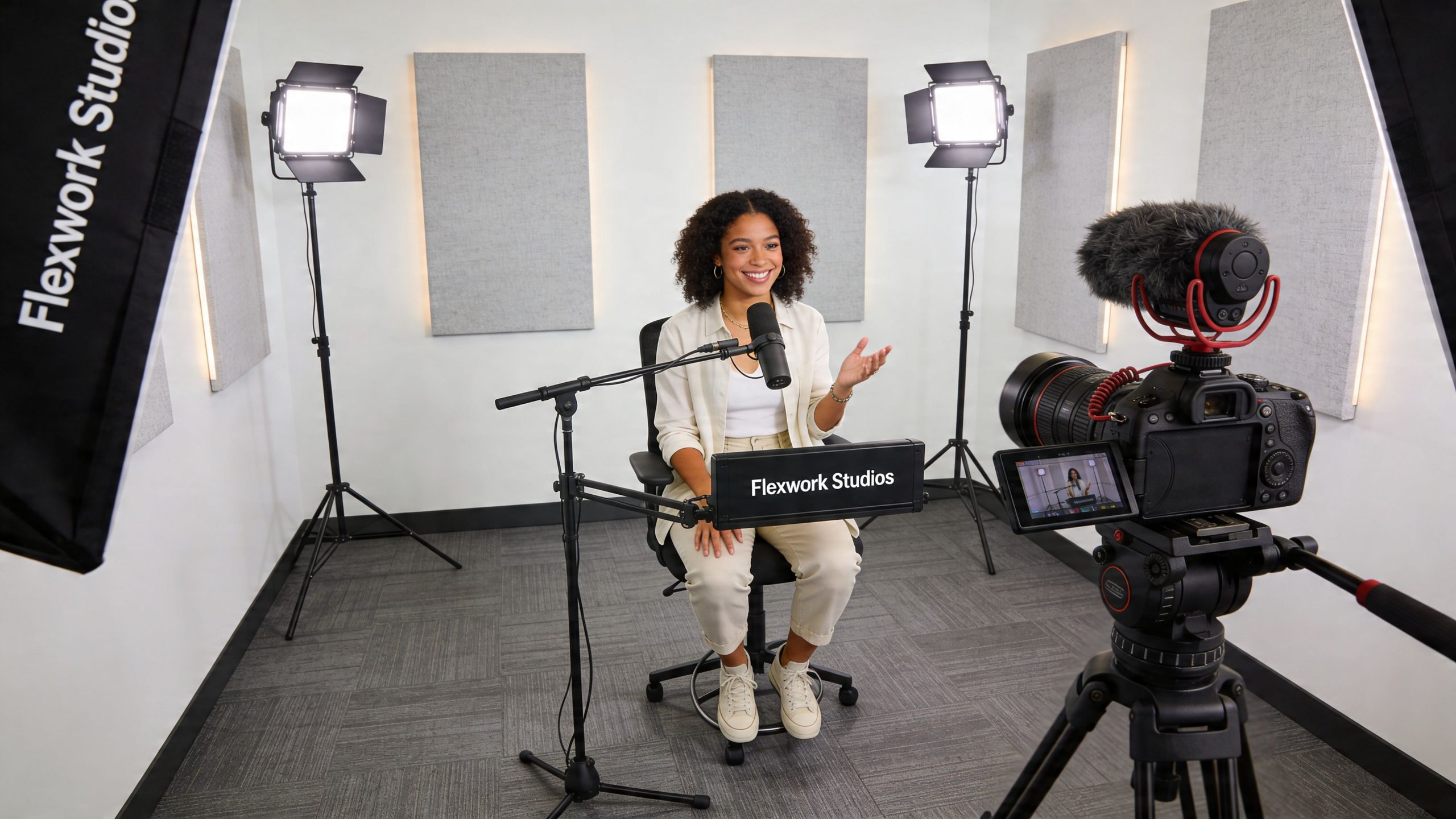 A woman sits in a professional studio setting, speaking into a microphone while being recorded on camera.