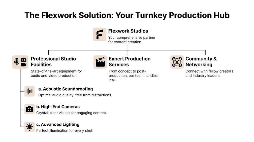 An infographic titled The Flexwork Solution displaying studio facilities, production services, and networking opportunities for content creators.