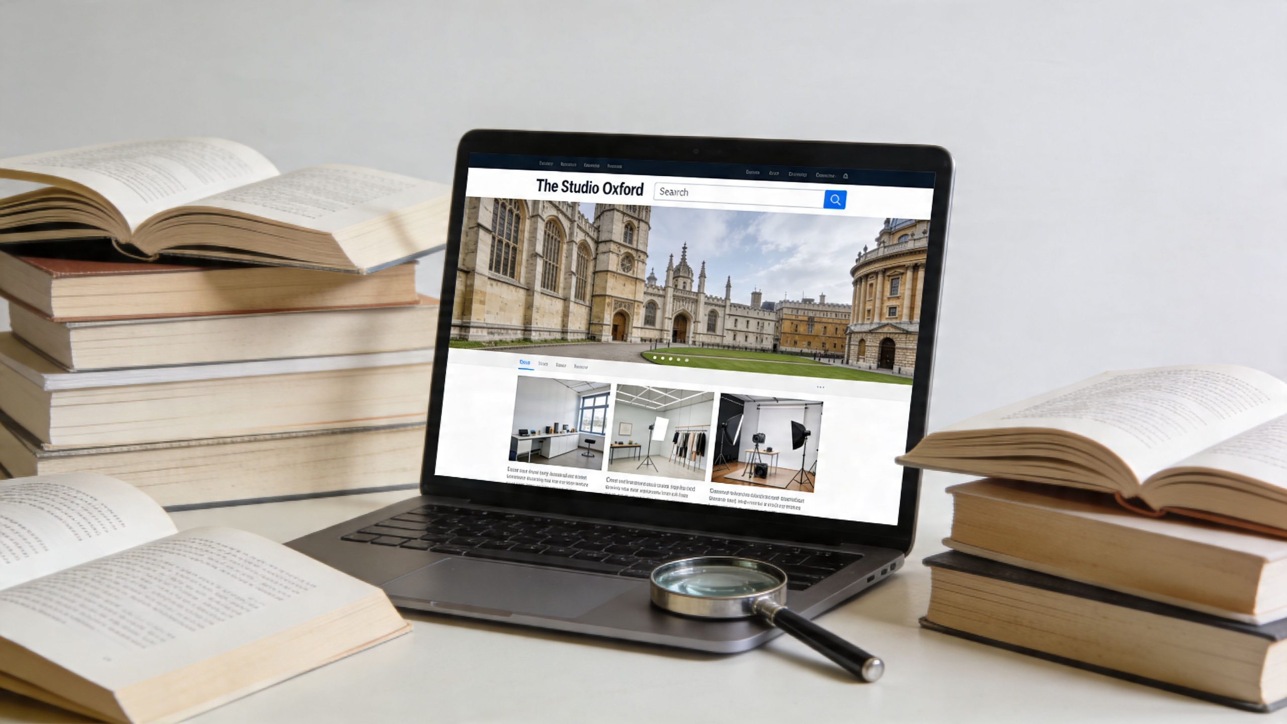 A laptop displaying The Studio Oxford website surrounded by stacks of open and closed hardcover books.