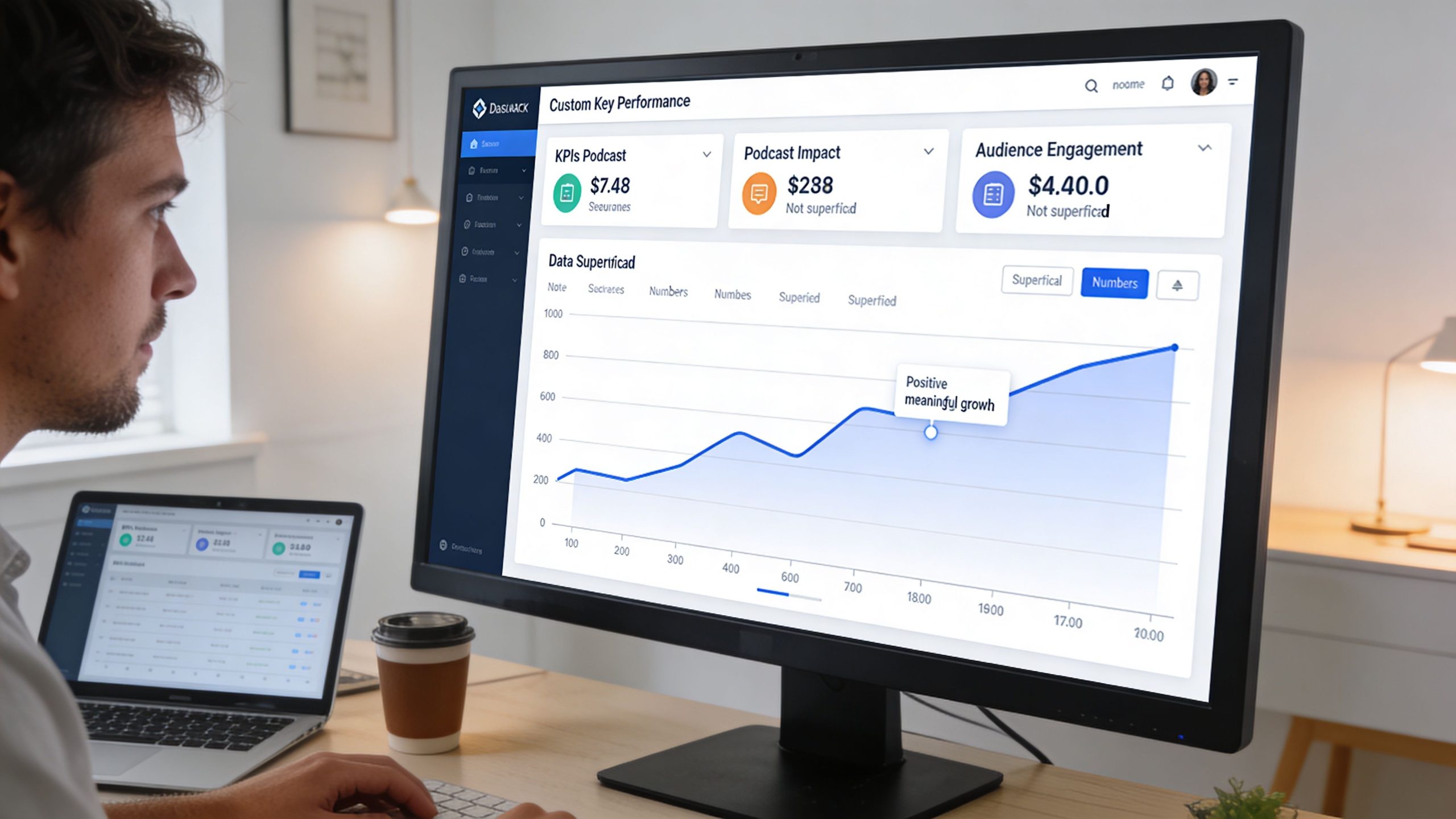 A professional analyzing data and growth charts on a large computer monitor in a bright office.