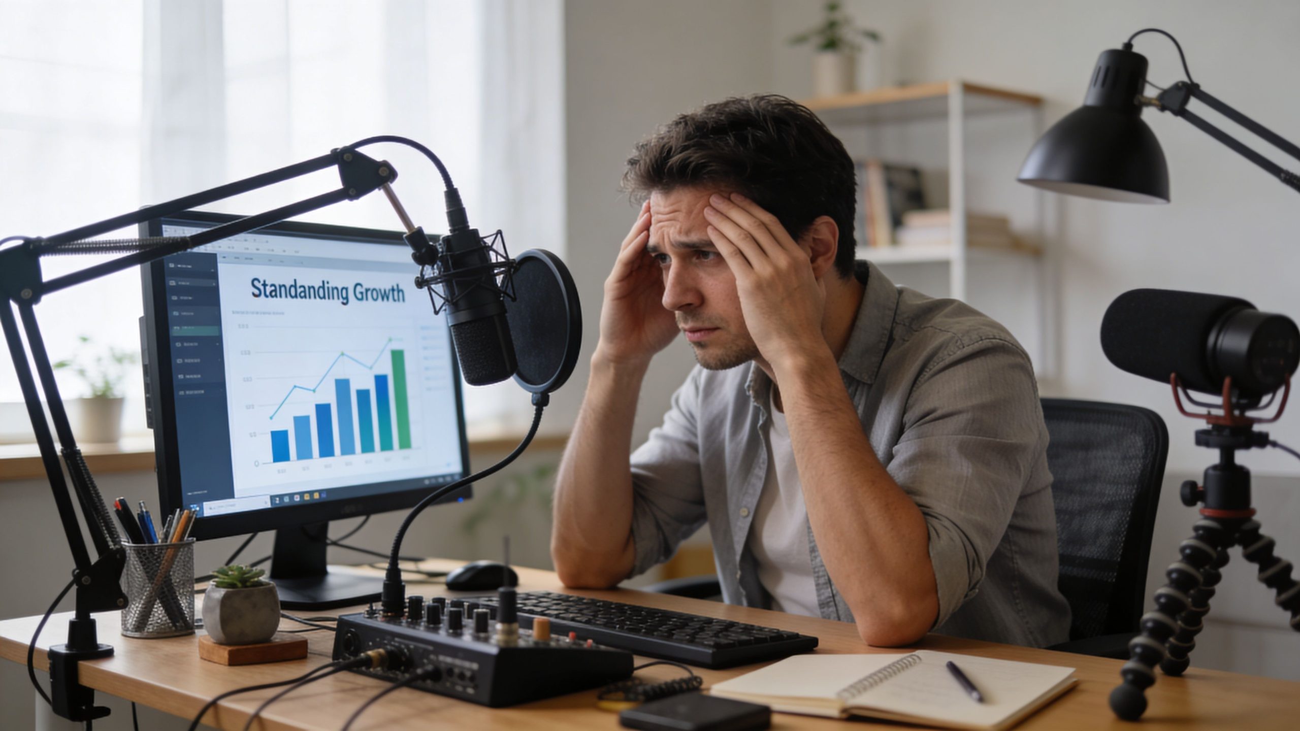 A stressed man sitting at a desk with audio equipment and a computer showing growth charts.