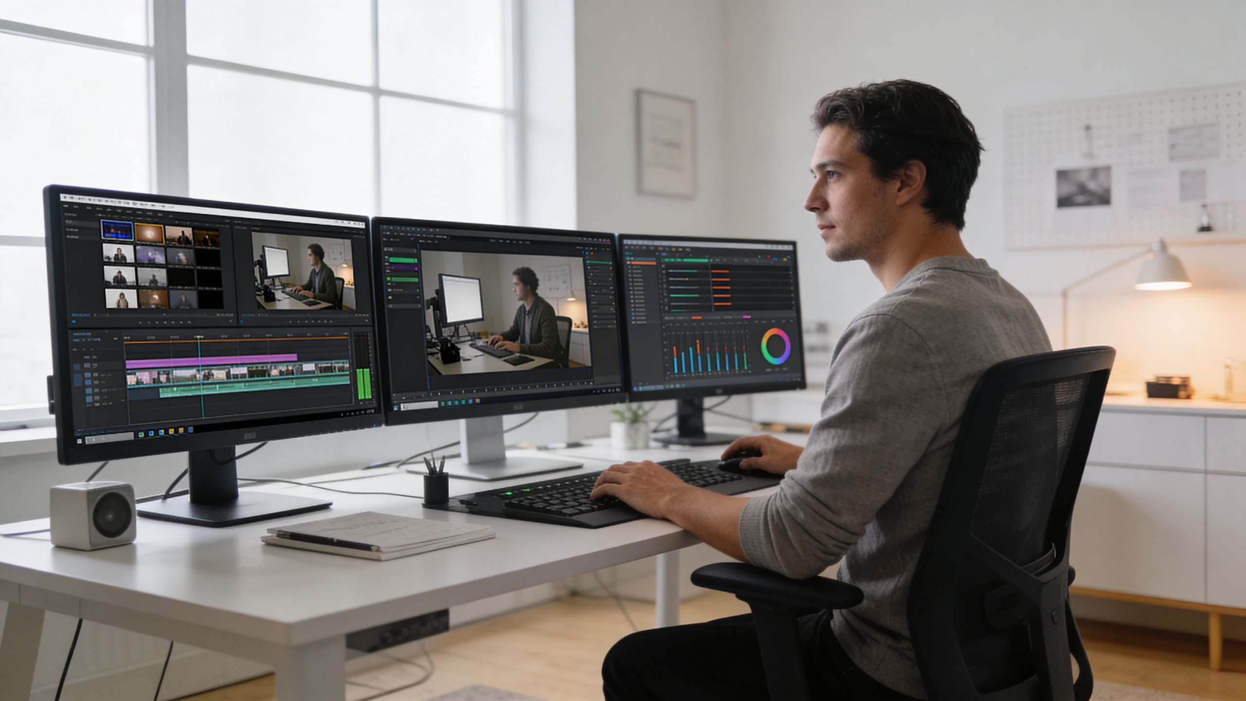 A focused professional working on video editing software at a multi-monitor workstation in a modern office.