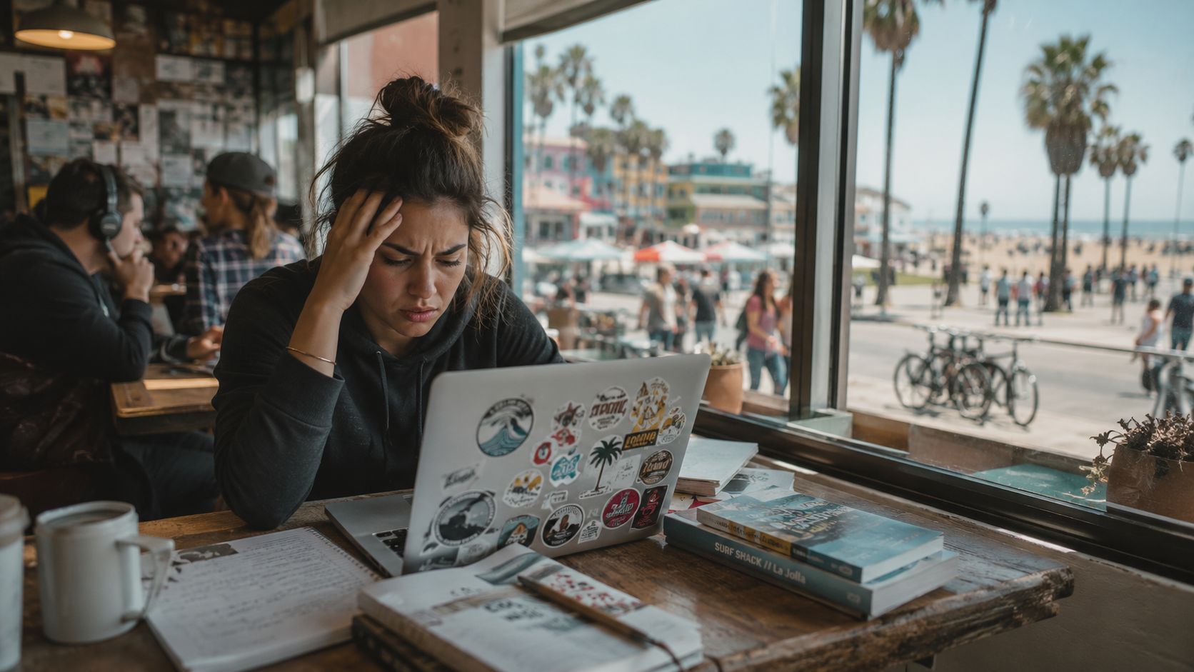 A focused woman working on a laptop at a cafe with a view of a sunny beach.