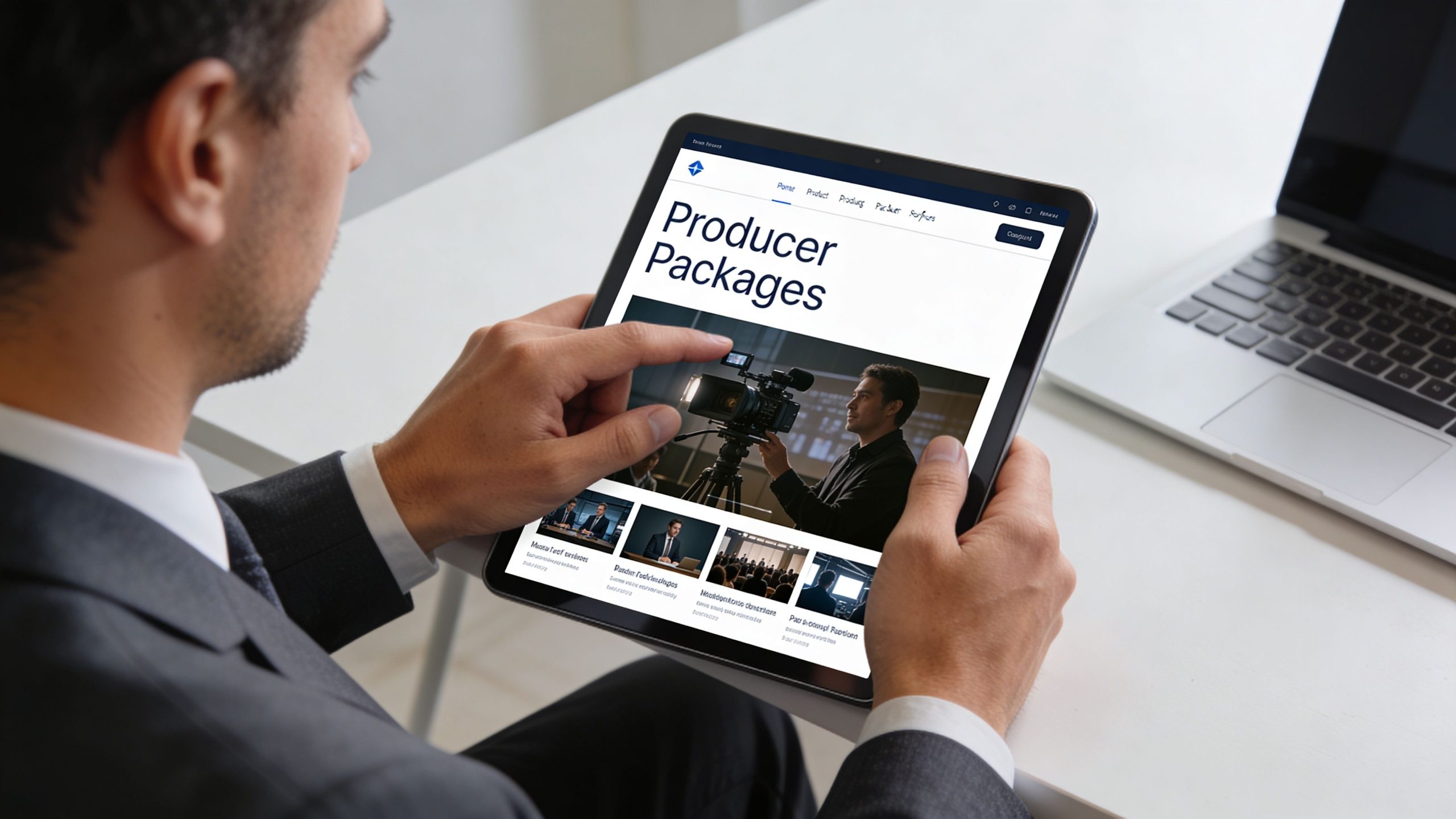 A professional man in a suit using a tablet to view video content creation service packages.
