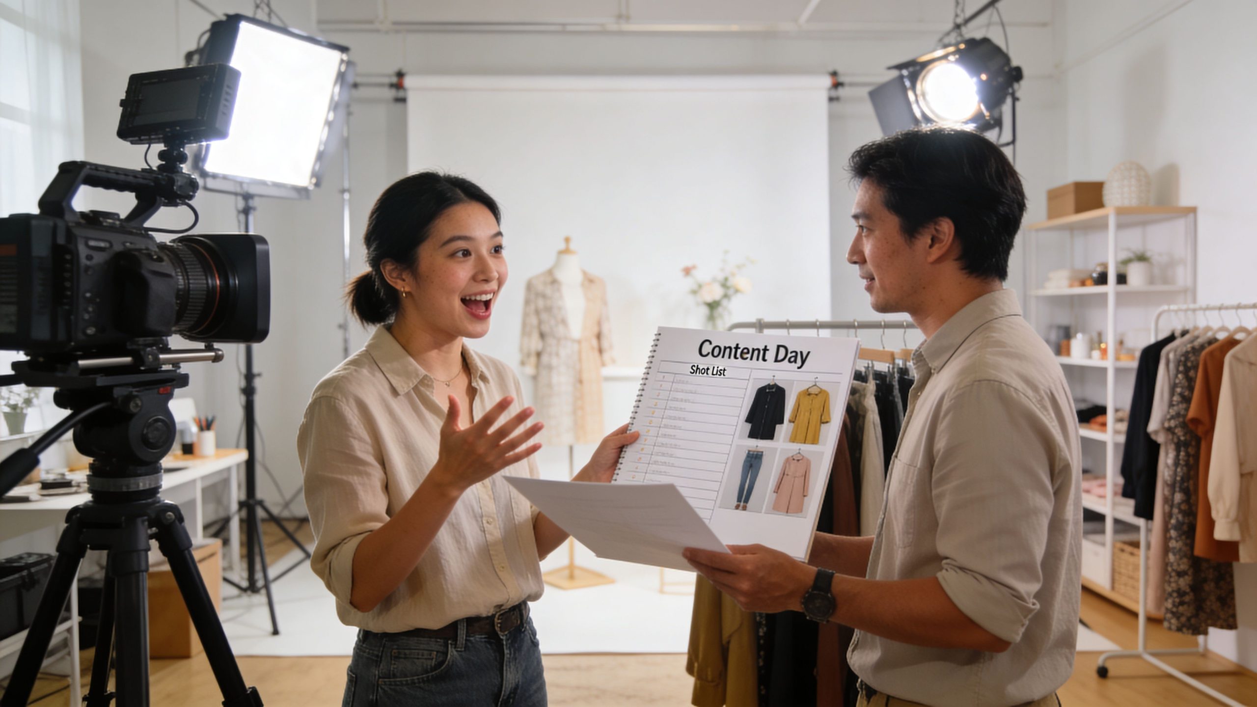 A professional video production crew discussing a shot list during a fashion content creation session.