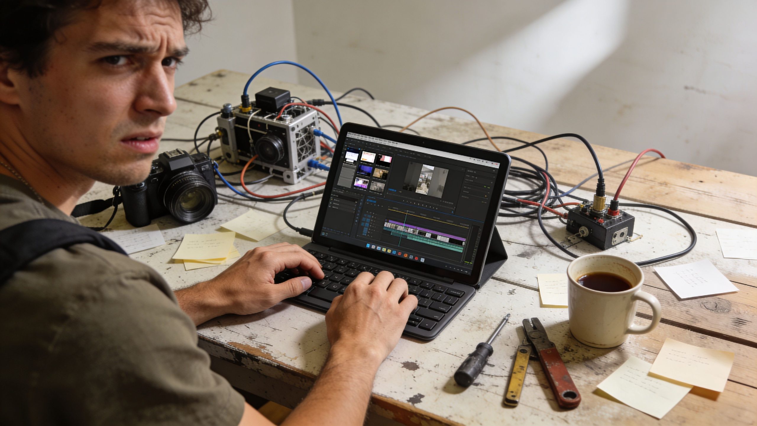A focused video editor works on a laptop at a cluttered wooden desk with technical equipment.