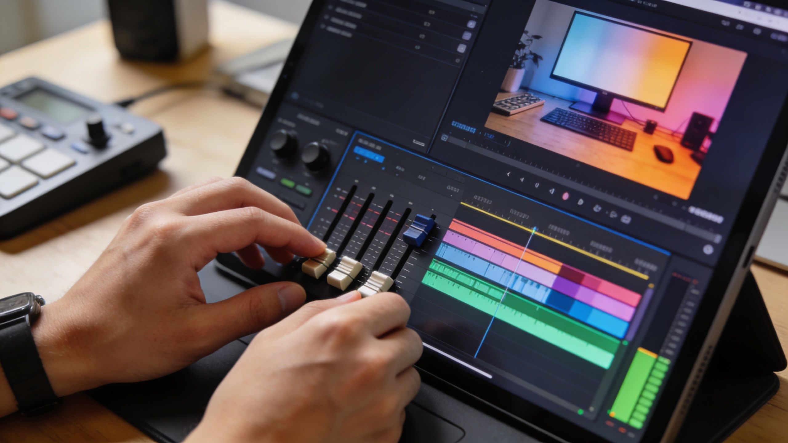 A creative professional using a digital mixing console to edit video content on a tablet device.