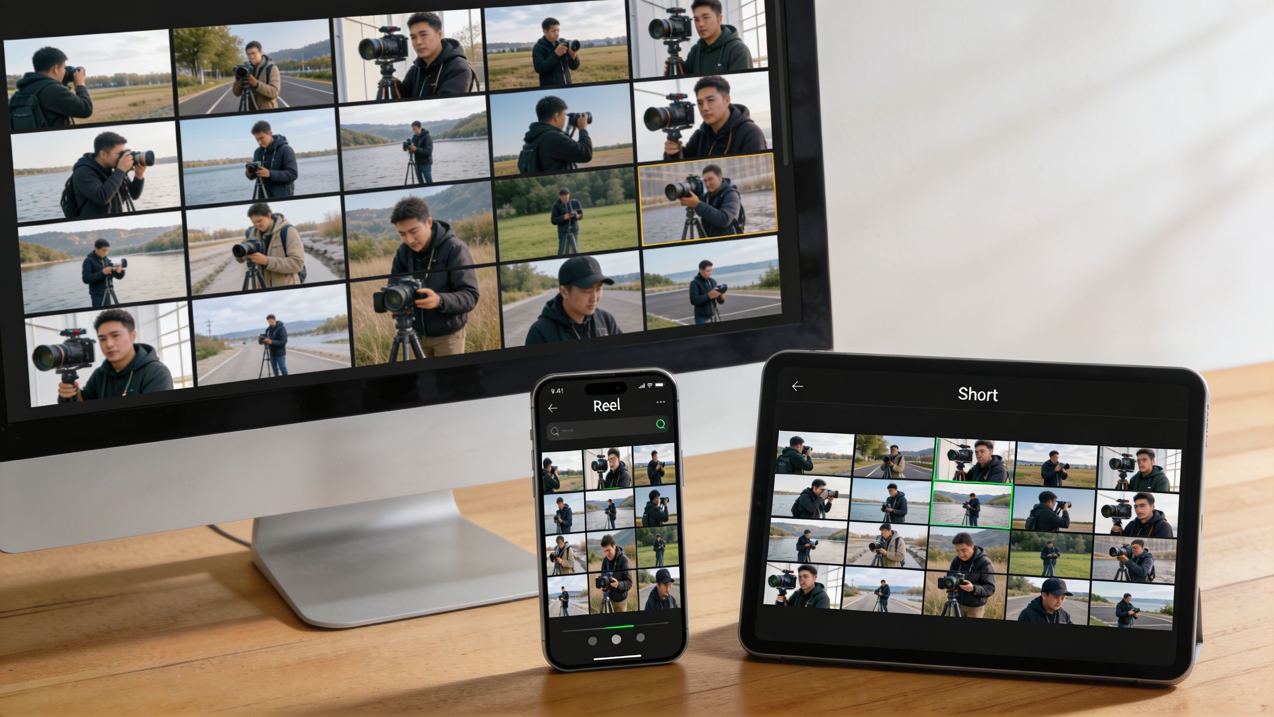 A computer monitor, a smartphone, and a tablet displaying synchronized video editing footage of a cameraman outdoors.