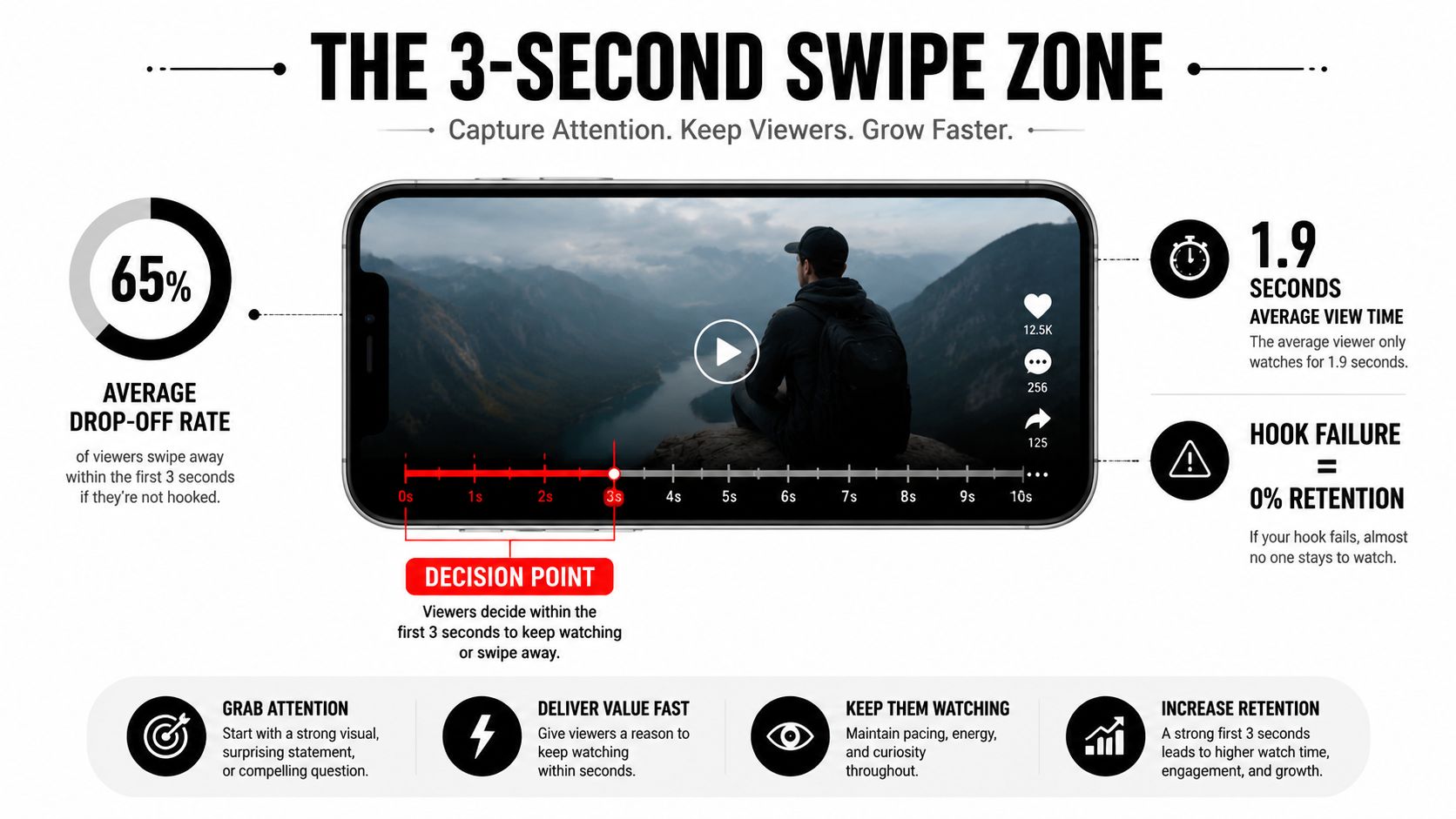 An infographic titled The 3-Second Swipe Zone explaining viewer retention rates on short-form social media videos.
