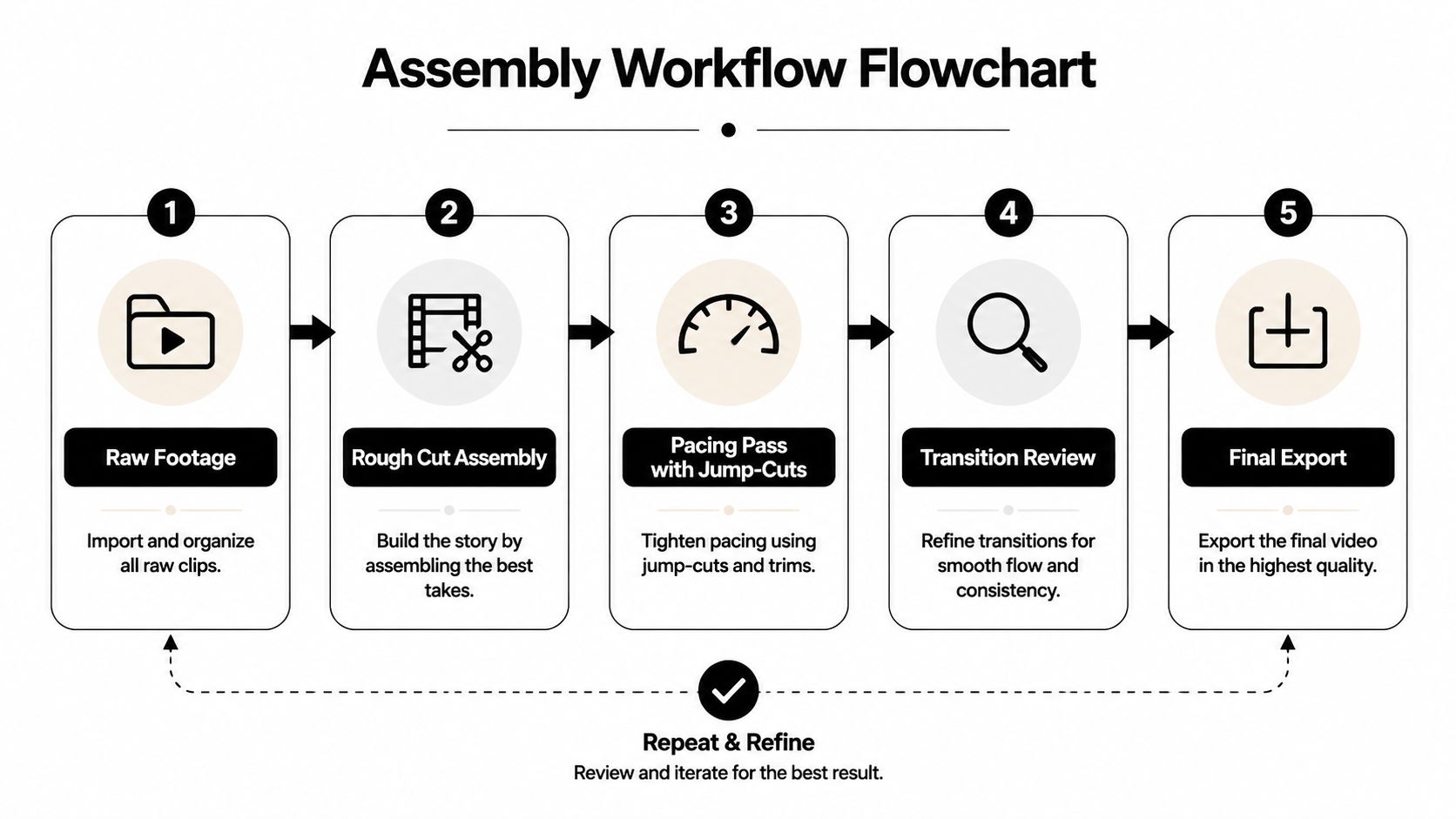 A five-step flowchart illustrating a professional video editing assembly workflow from importing raw footage to final export.