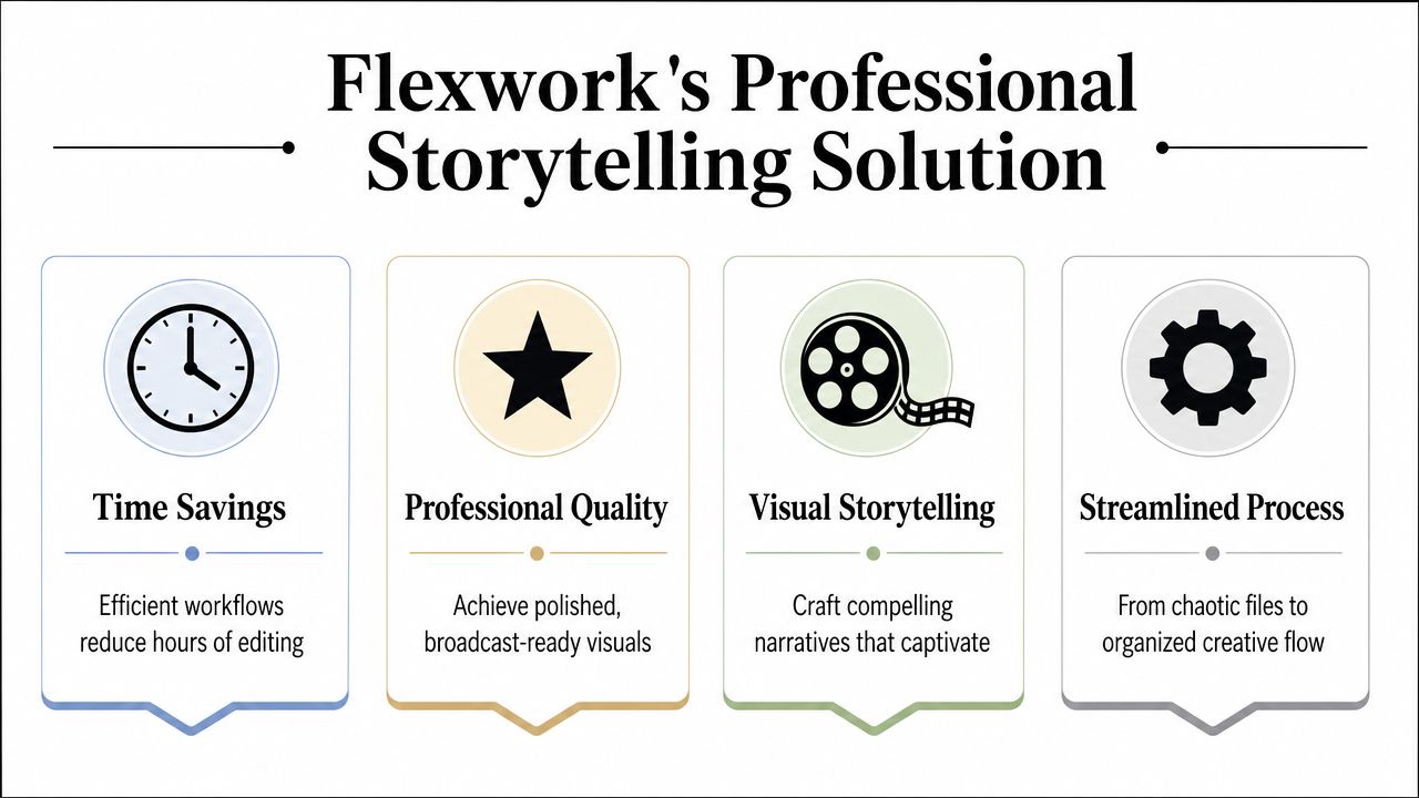 An infographic showing Flexwork's four main professional storytelling benefits: time savings, professional quality, visual storytelling, and streamlined process.