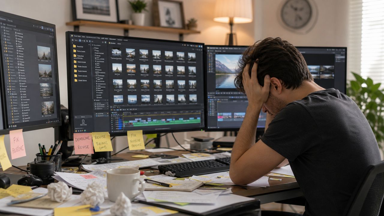 A stressed video editor sitting at a desk with multiple monitors and messy papers in an office.