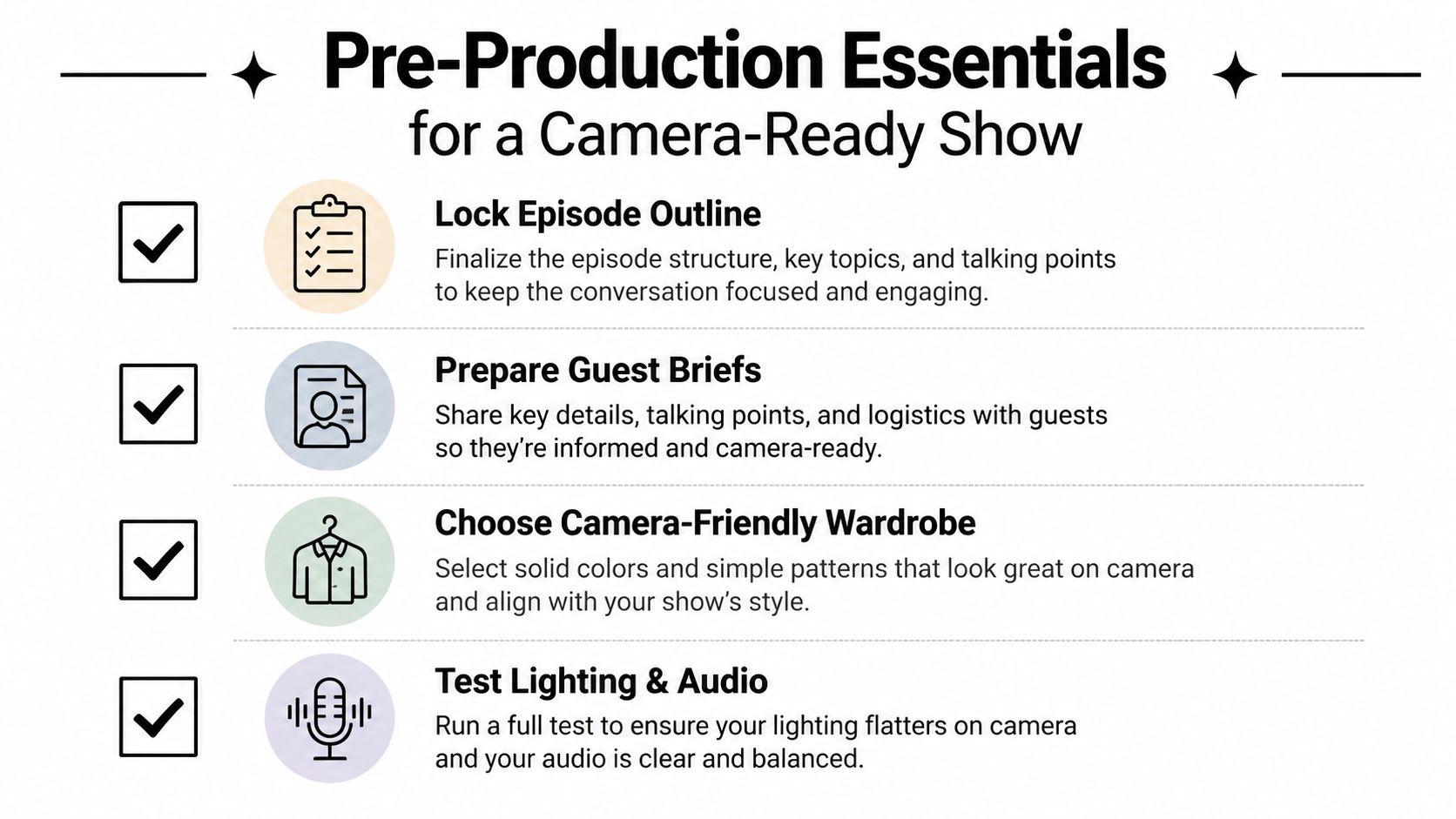 A checklist infographic outlining essential pre-production steps for creating a professional and camera-ready video podcast episode.