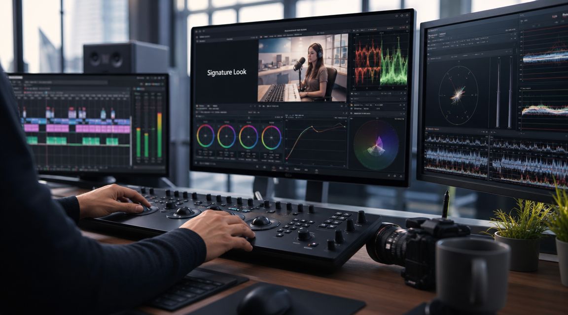 A professional video editor working on a podcast project using color grading software and specialized control panels.